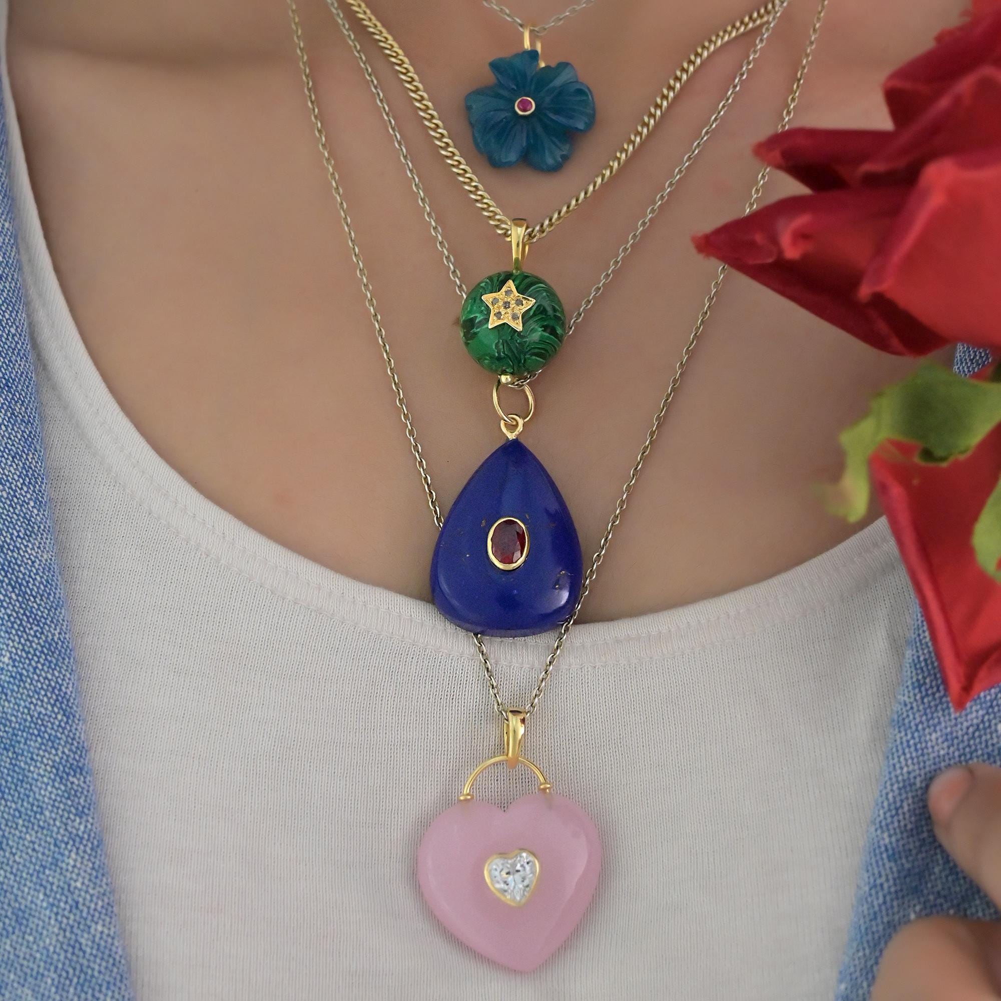 Hand Carved 14k Gold Malachite Drop Pendant, Gemstone Teardrop - View 7 - Suren Jewels | SKU: SJP3192