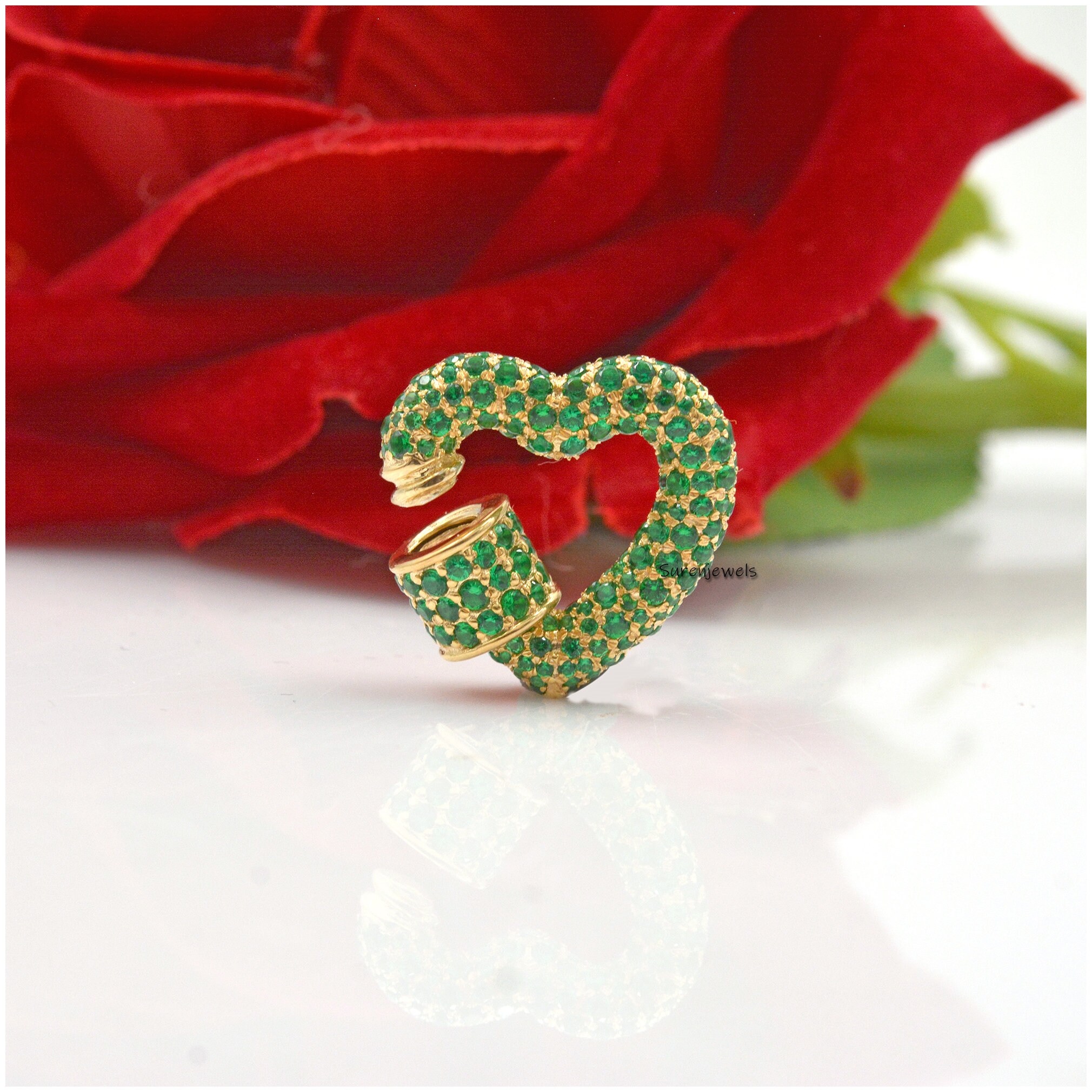 Gemstone Heart Carabiner Lock: 925 Silver, 14k Gold Vermeil - View 2 - Suren Jewels | SKU: SJC135-