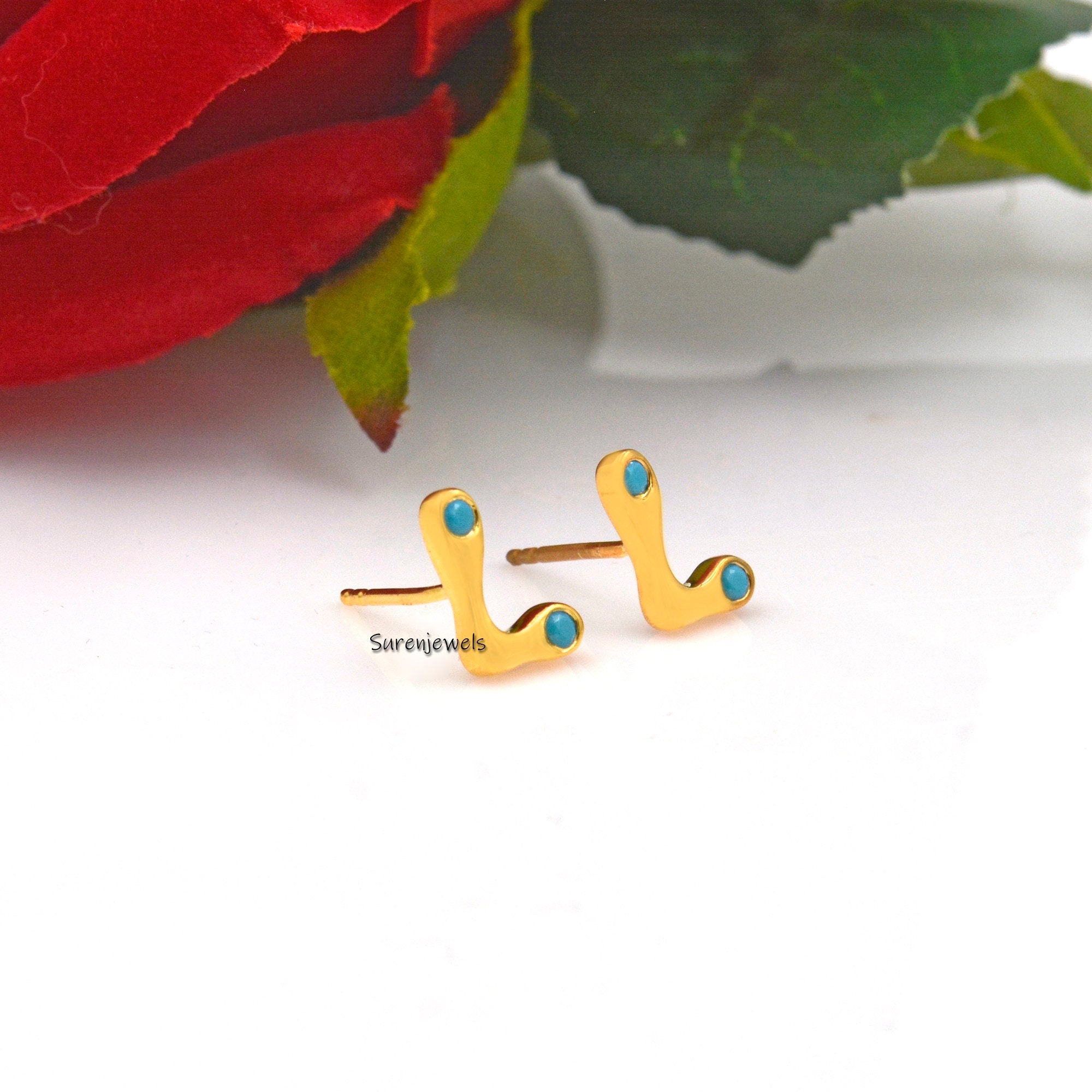 14k Gold Bubble Initial Stud Earrings with White Topaz - View 3 - Suren Jewels | SKU: SJE944-SLYGWT-C