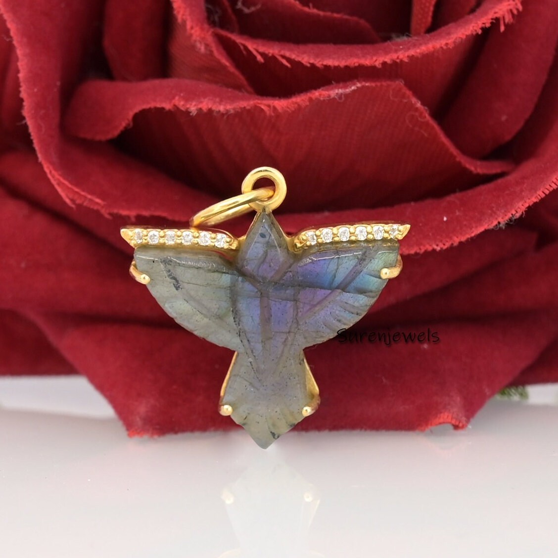 14K Gold Carved Gemstone Bird Pendant: Flying Swallow Charm - View 3 - Suren Jewels | SKU: SJP1711