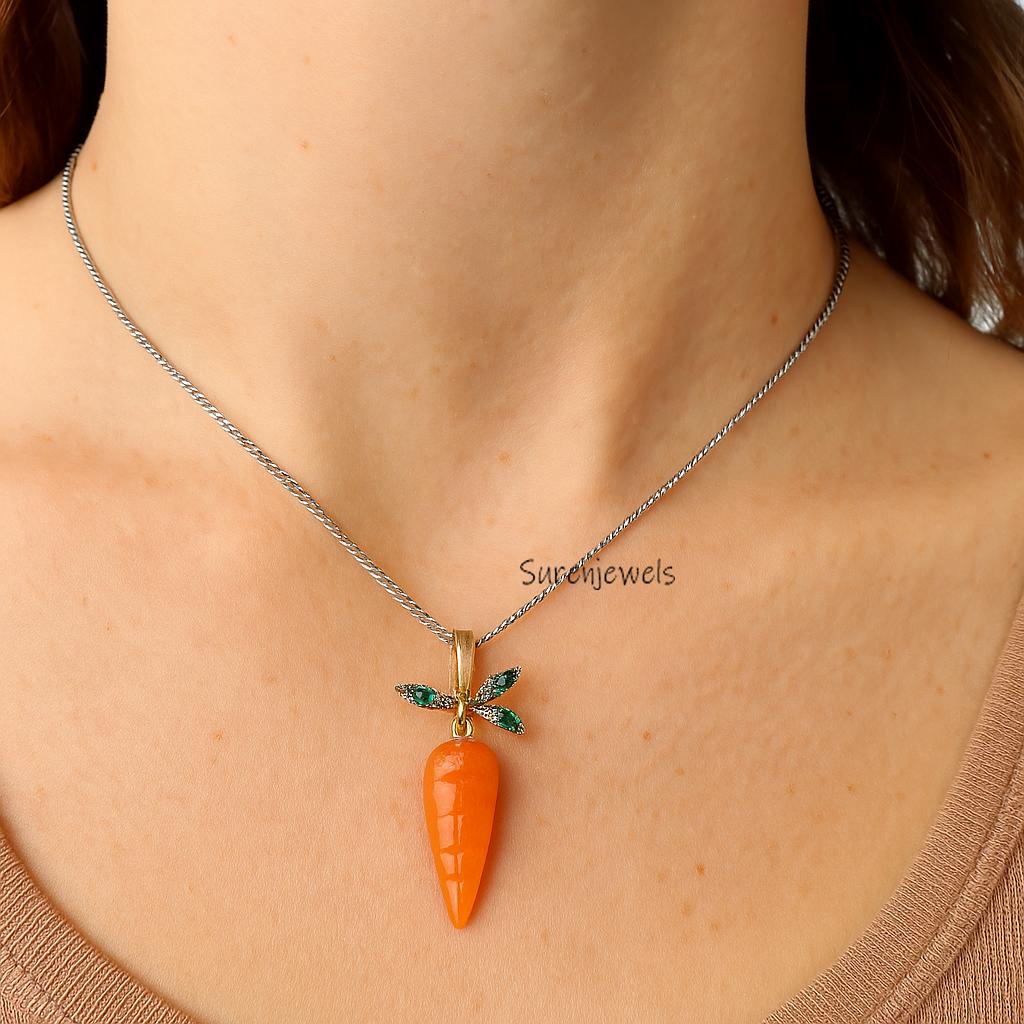 14K Gold Gemstone Carrot Pendant: Handmade Designer Charm - View 2 - Suren Jewels | SKU: SJP5543-SLYGRHOCRGCZ-20M