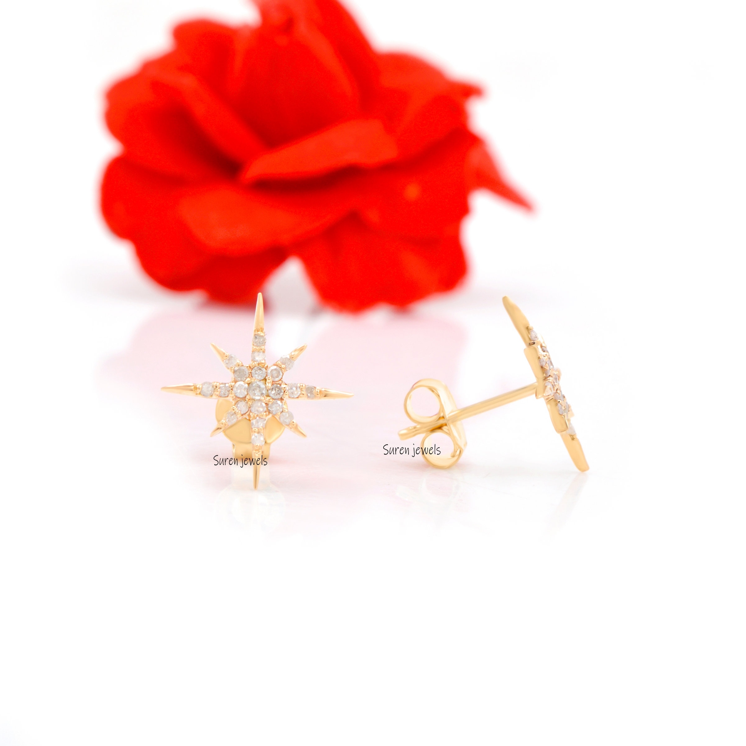 14k Gold Diamond Starburst Studs: Pave Star Earrings - View 2 - Suren Jewels | SKU: SJE325-14KYGDI