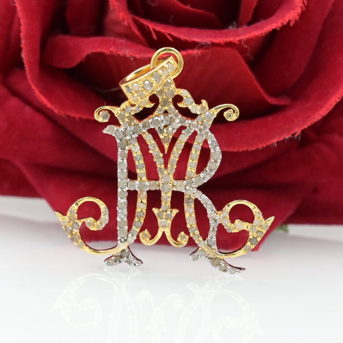 Diamond Monogram Pendant: Two-Tone 925 Silver Pave Initial - View 3 - Suren Jewels | SKU: SJP540-SLYGWGDI-SW