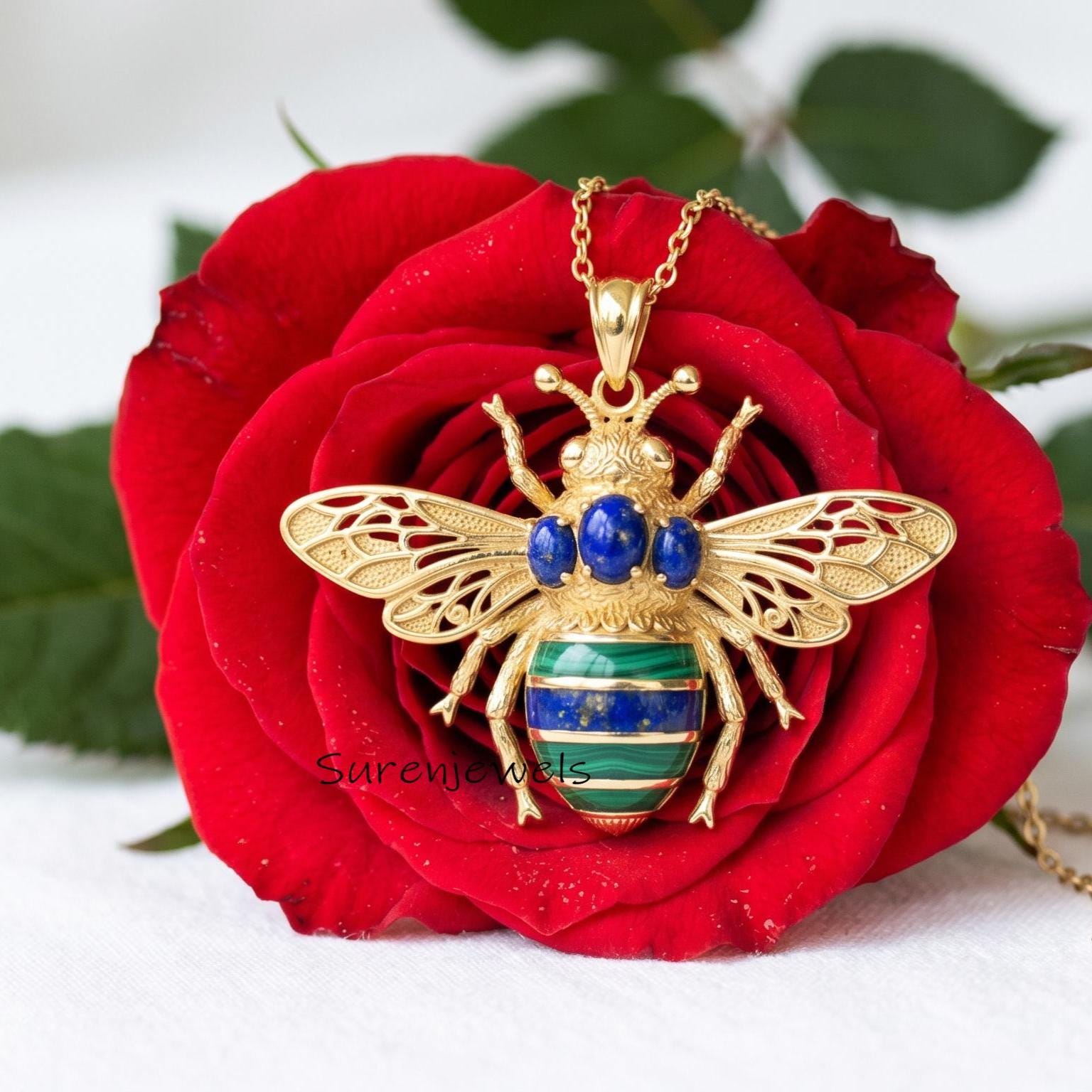 14k Solid Gemstone Bee Pendant, Dainty Honey Bee, Opal Bee Pendant, Gemstone Queen Bee Bug Pendant, Gemstone Bee Pendant - Su
