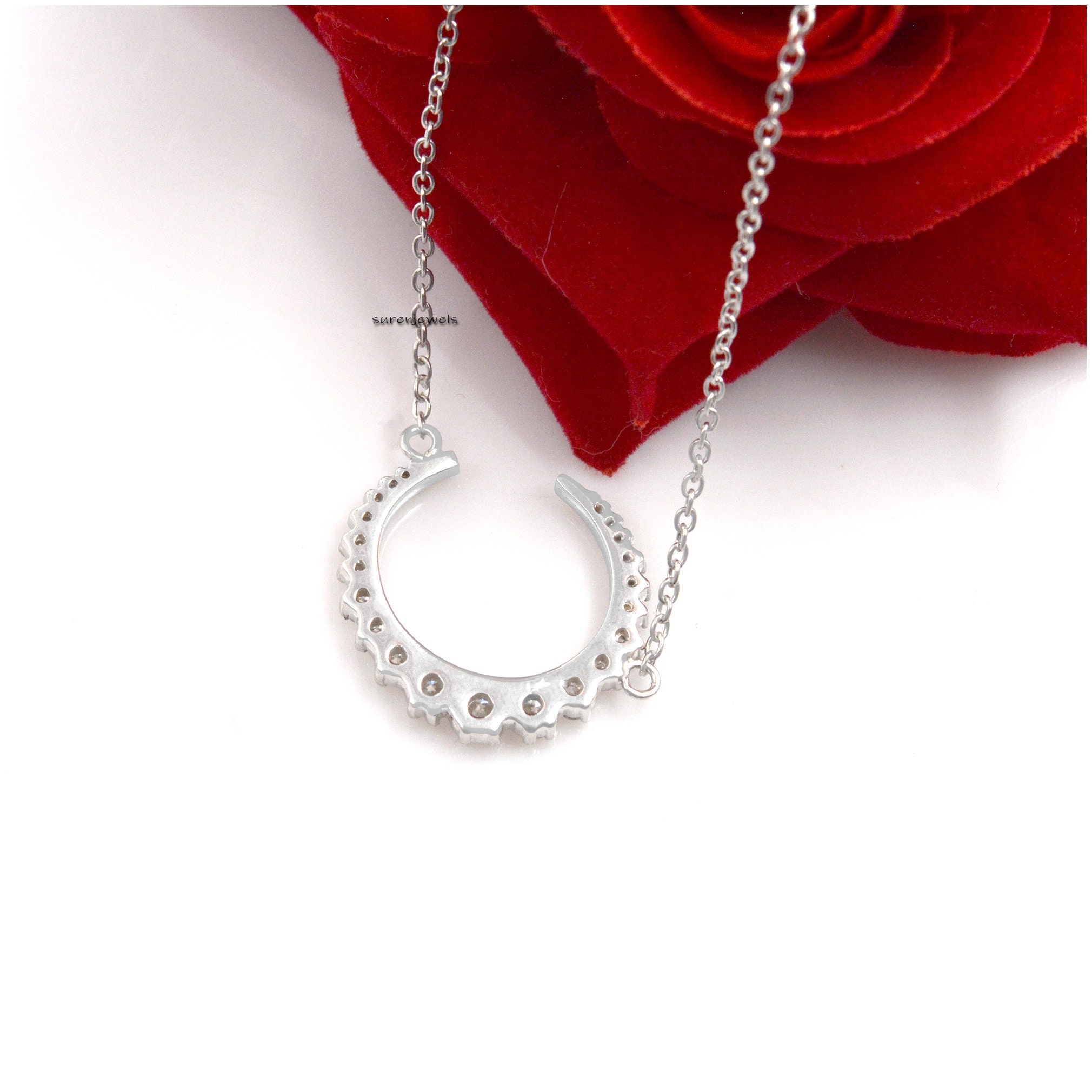 925 Silver Moissanite Crescent Moon Necklace - View 3 - Suren Jewels | SKU: SJN687-SLWGMN-16I