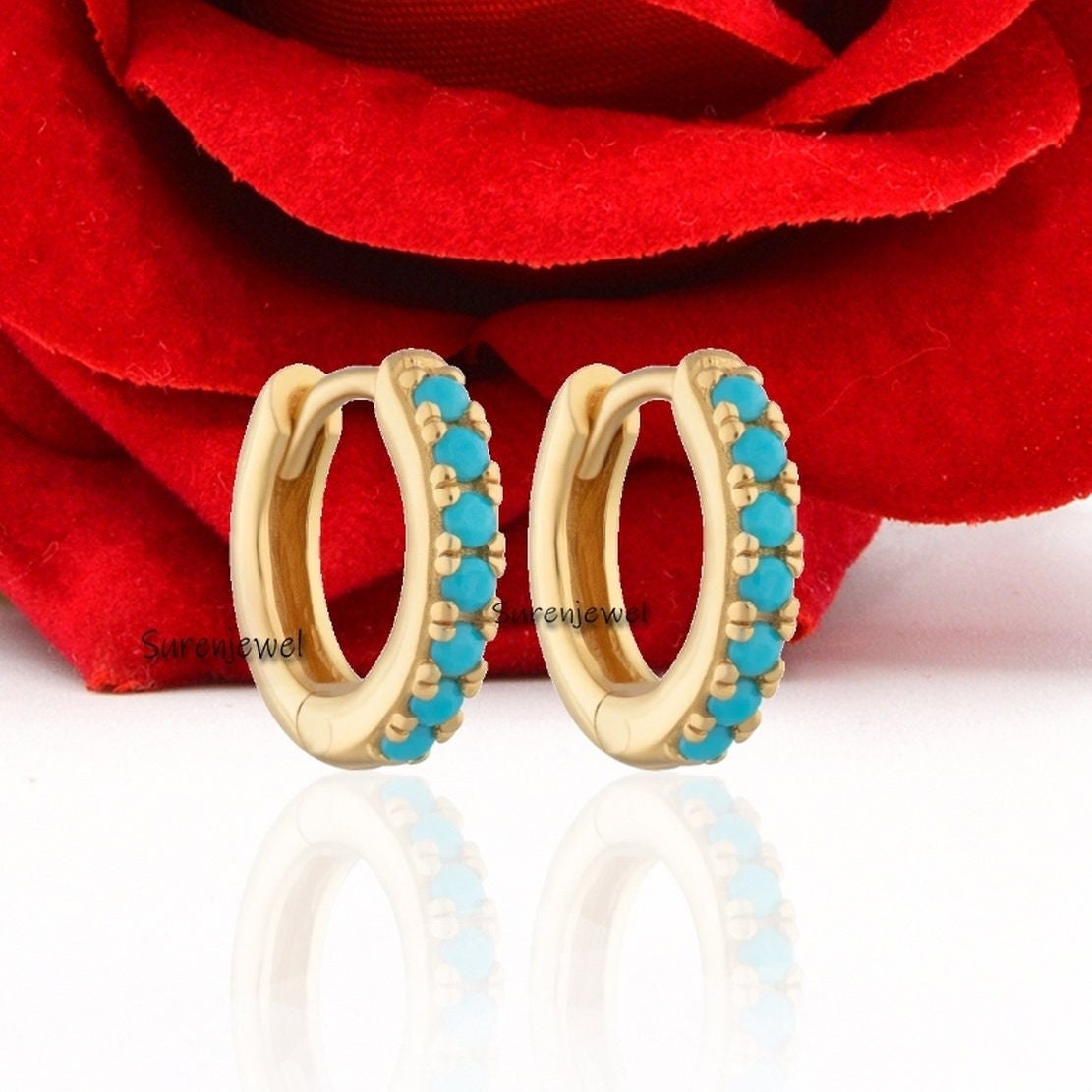 14k Solid Gold Turquoise Huggie Earrings: Handmade Hoop Pair - View 4 - Suren Jewels | SKU: SJE1005-SLYGYQ-10M