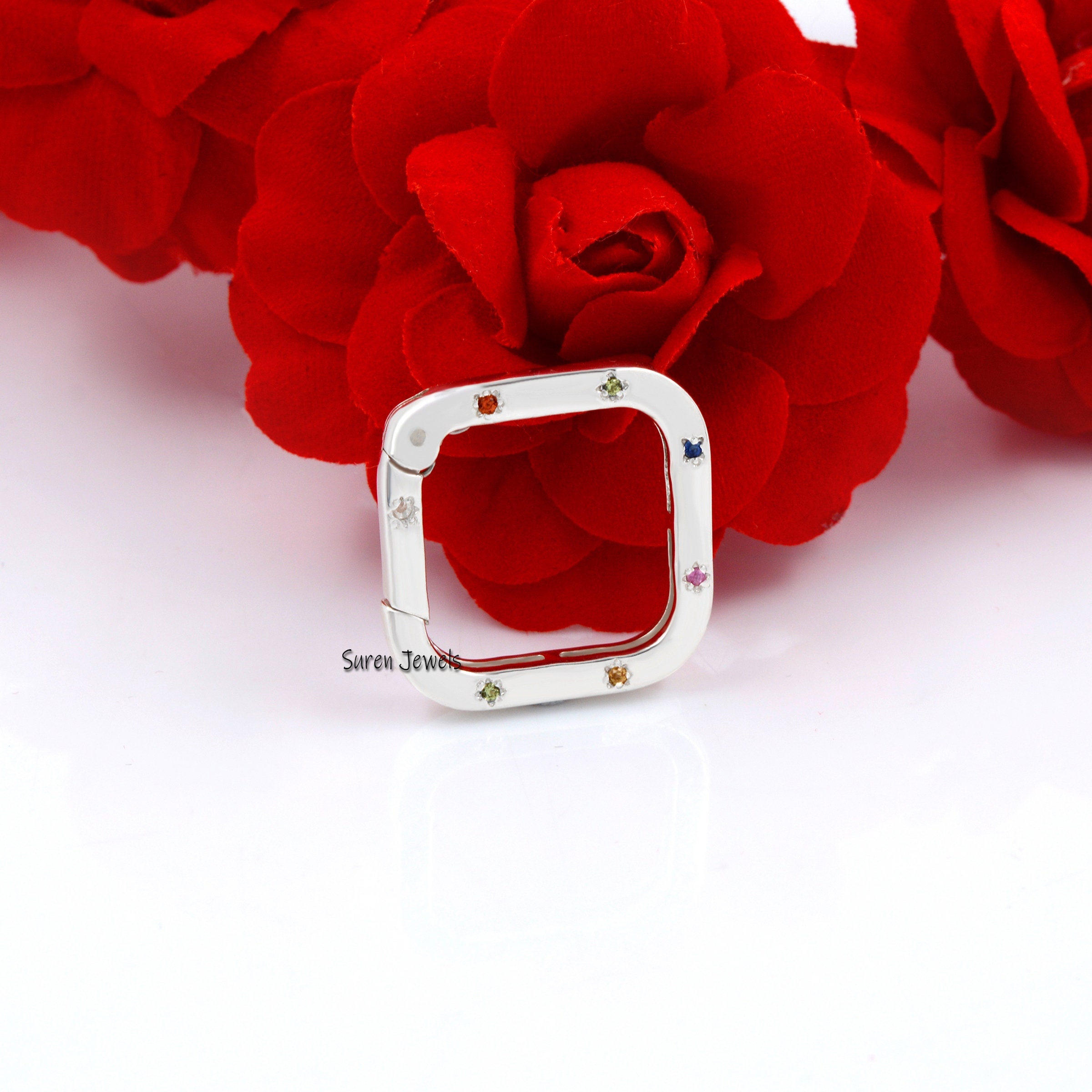 Multi Gemstone Silver Charm Holder Pendant: Enhancer Lock (22X22 mm) - Suren Jewels | SKU: SJP796-