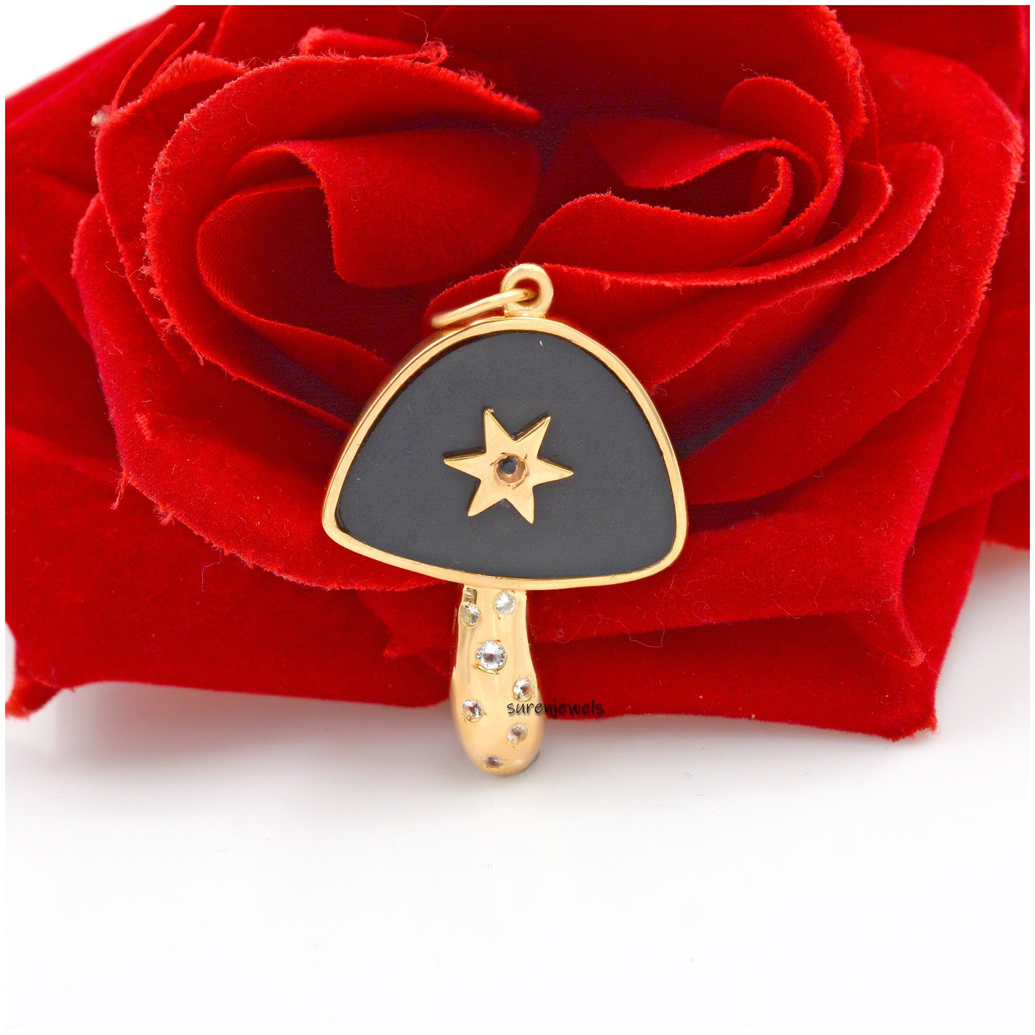 14K Gold Plated Mushroom Pendant: Multi Stone, White Topaz - View 4 - Suren Jewels | SKU: SJM23-SLYGMSWT