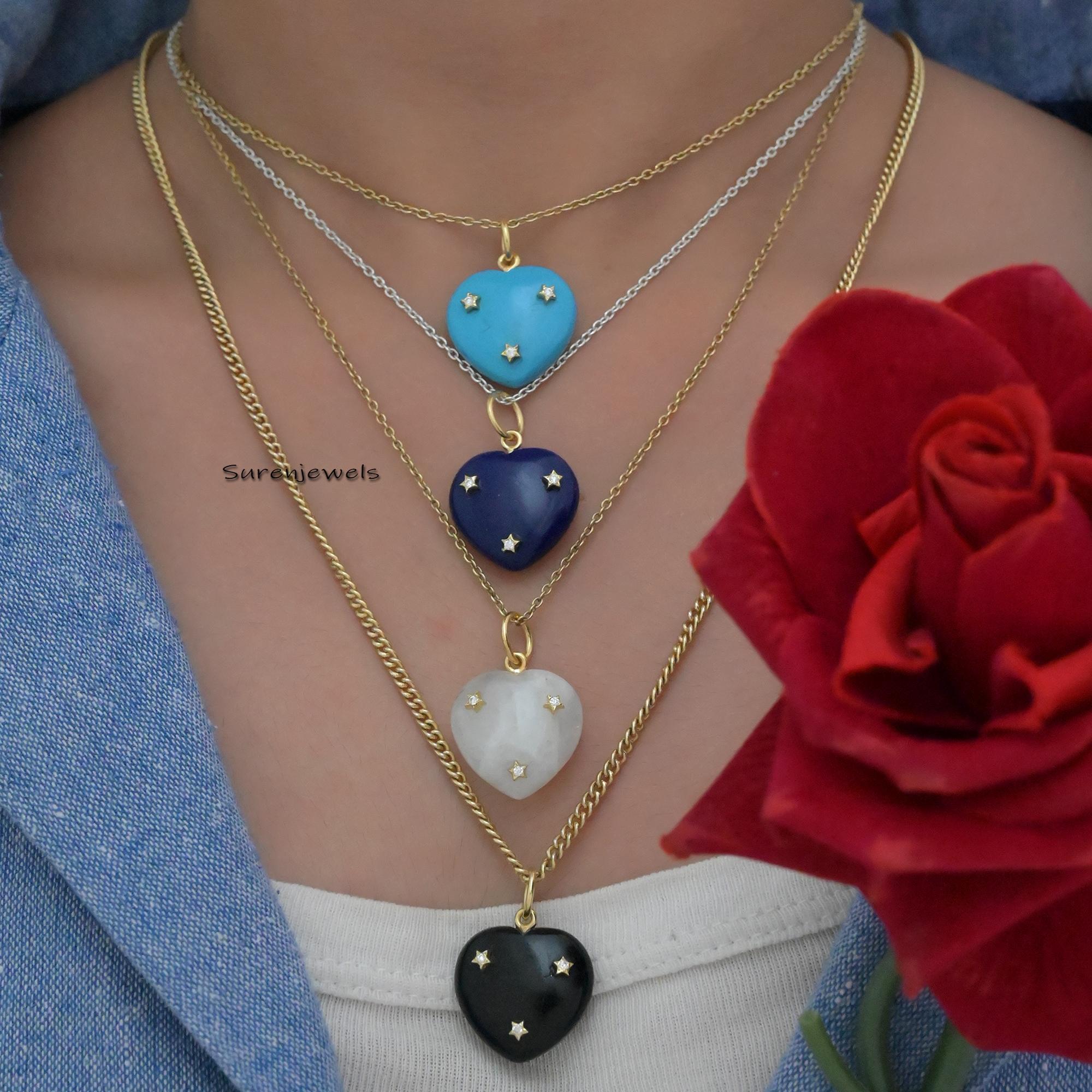 14K Gold Tiny Star Heart Pendant: Turquoise & Moissanite Charm - View 4 - Suren Jewels | SKU: SJP1450-SLYGCRMN