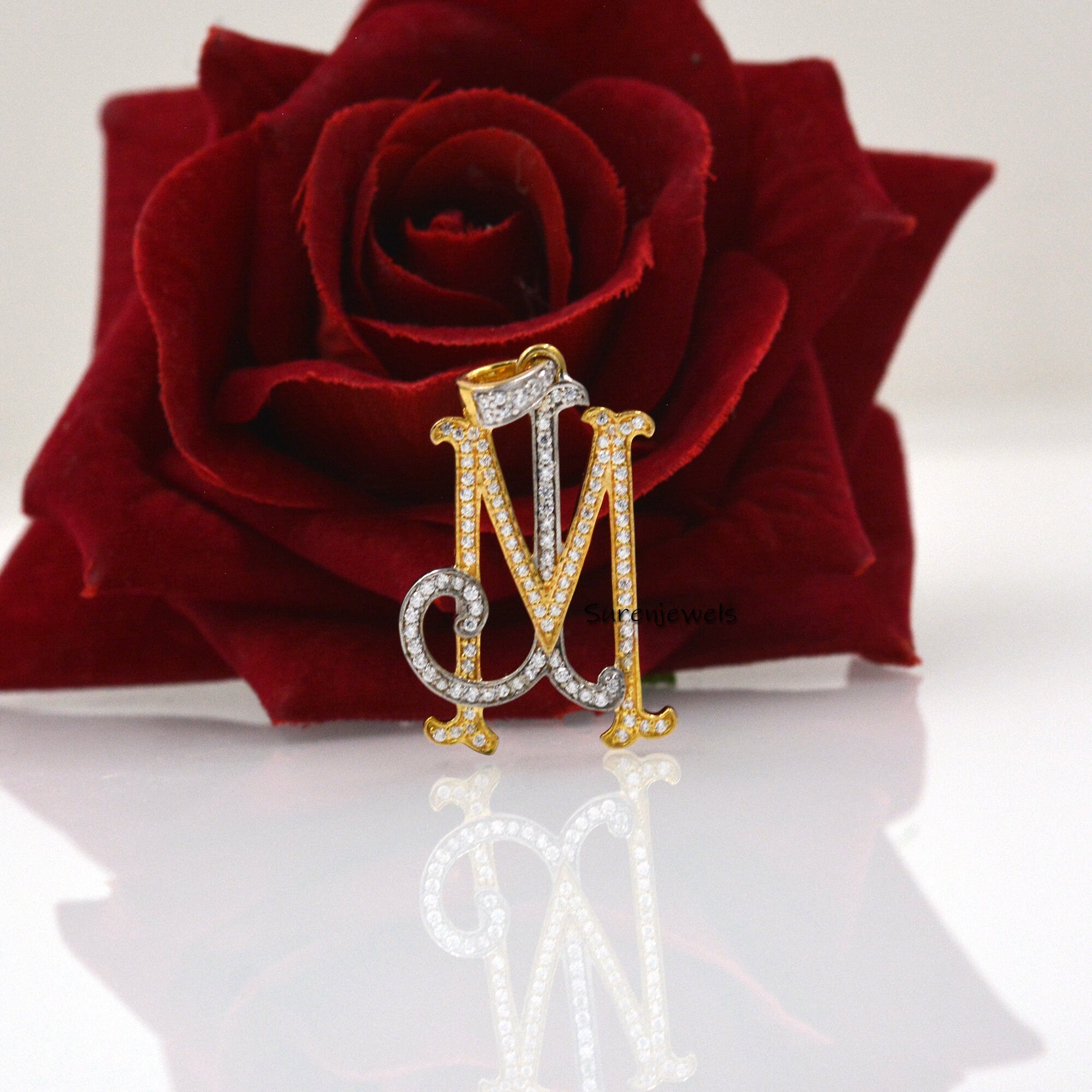 Diamond Monogram Pendant: Two-Tone 925 Silver Pave Initial - View 6 - Suren Jewels | SKU: SJP540-SLYGWGDI-SW