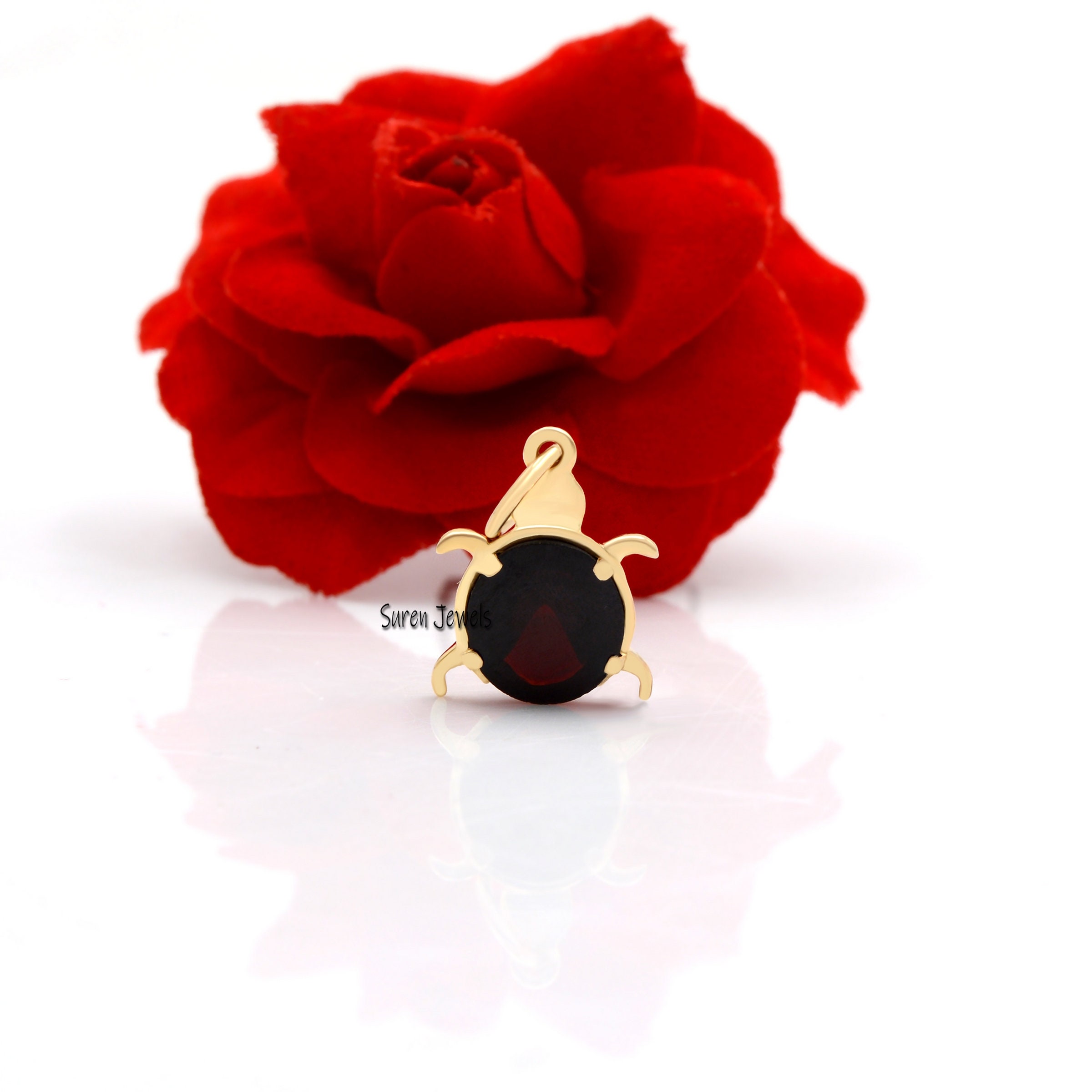 14K Gold Ladybug Pendant: Garnet Gemstone Ladybird Charm - View 2 - Suren Jewels | SKU: SJP787-