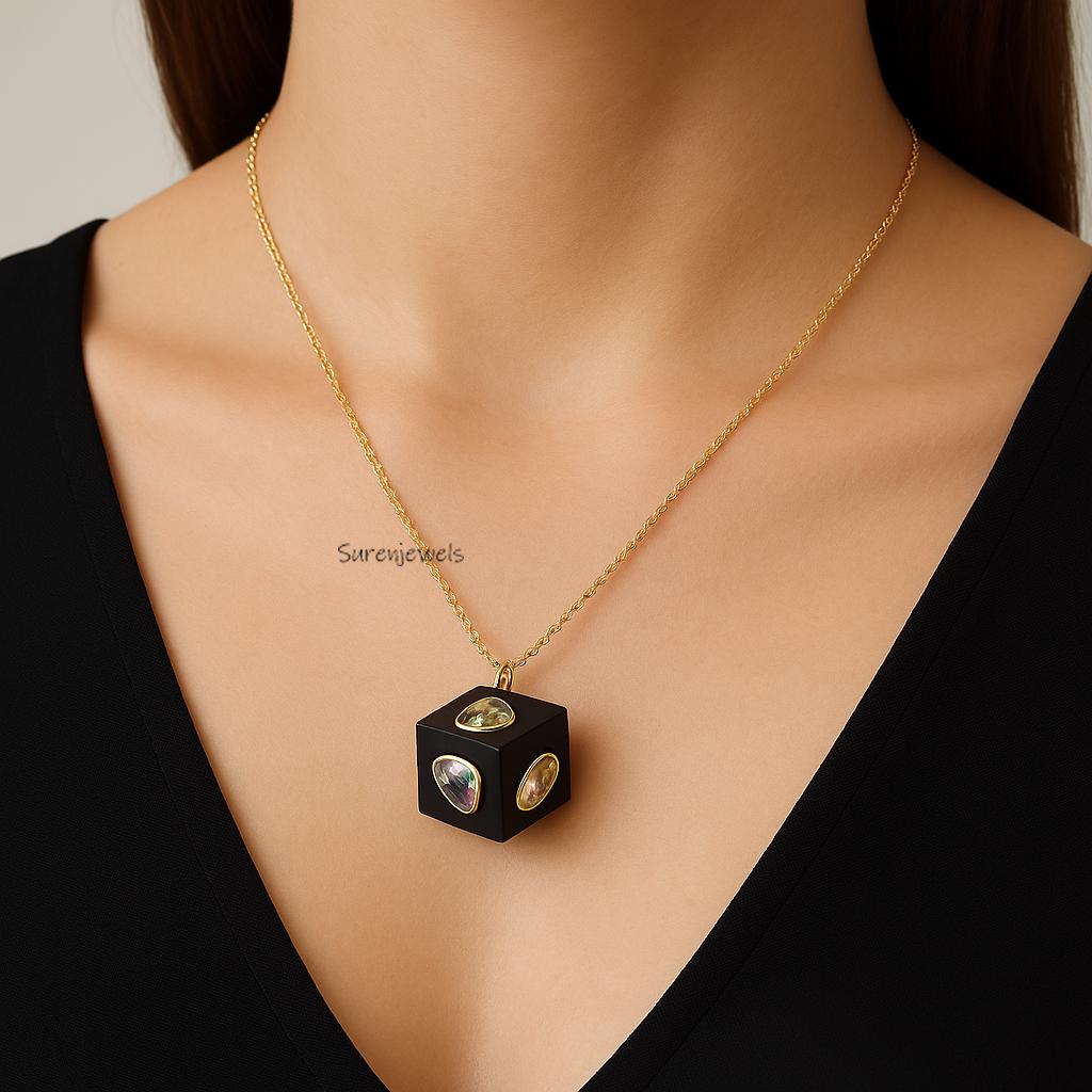 14K Gold Gemstone Cube Pendant - Handmade Multi Gemstone Dice Jewelry - View 4 - Suren Jewels | SKU: SJP5062