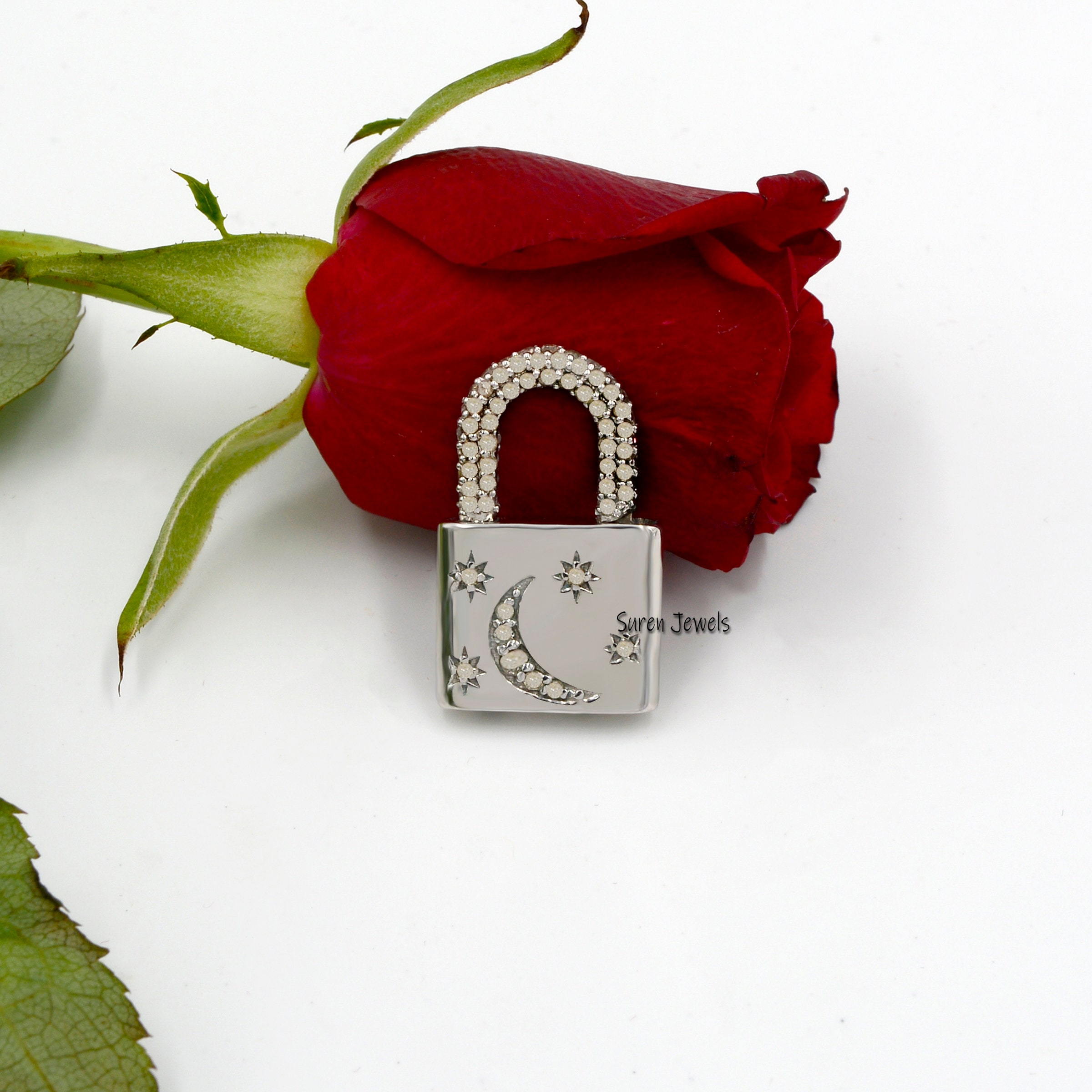 925 Silver Diamond Star Moon Padlock Pendant: Handmade Pave Charm - View 2 - Suren Jewels | SKU: SJP43-SLYGCZ