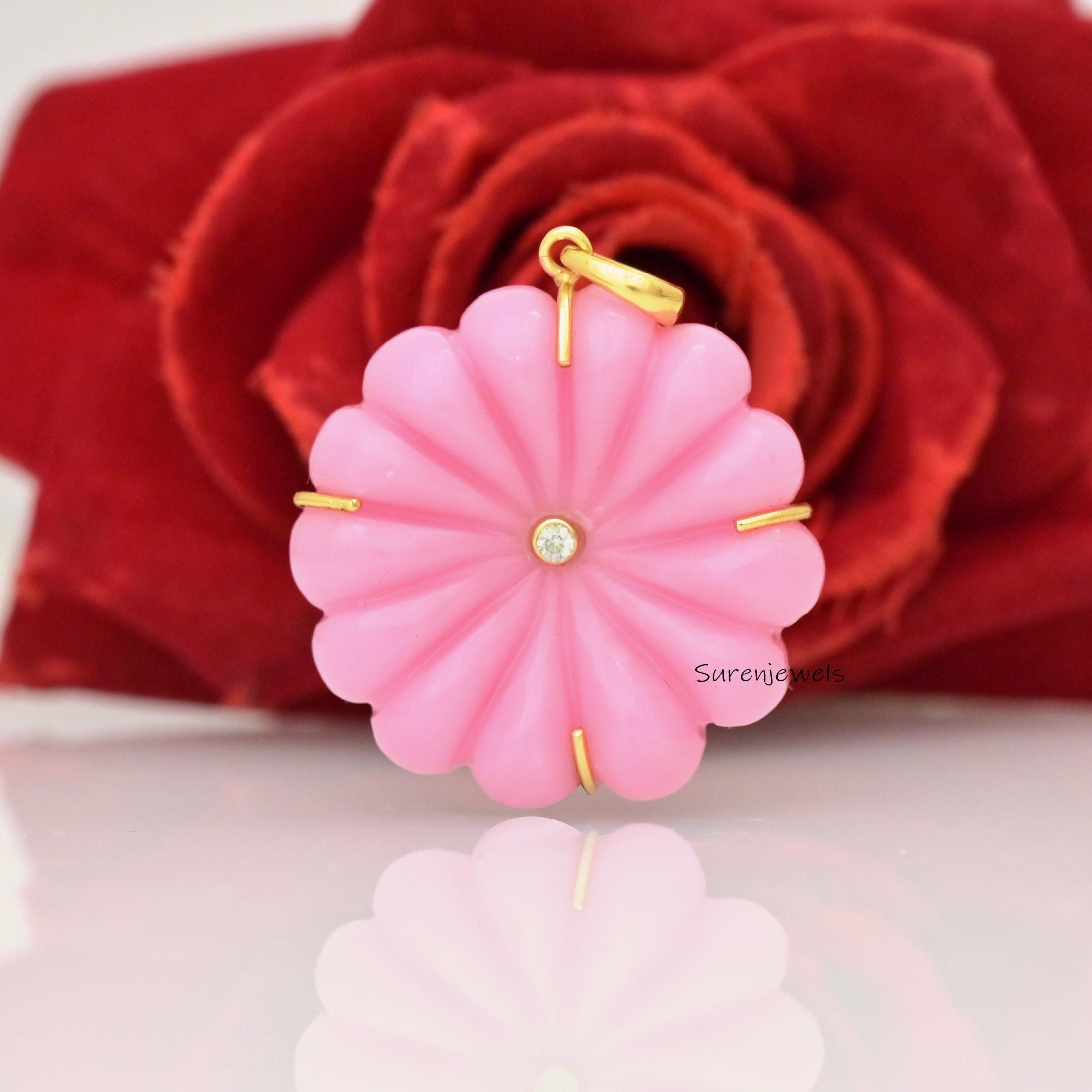 14K Gold Hand Carved Gemstone Flower Pendant - View 2 - Suren Jewels | SKU: SJP6038-SLYGRQBT-30M