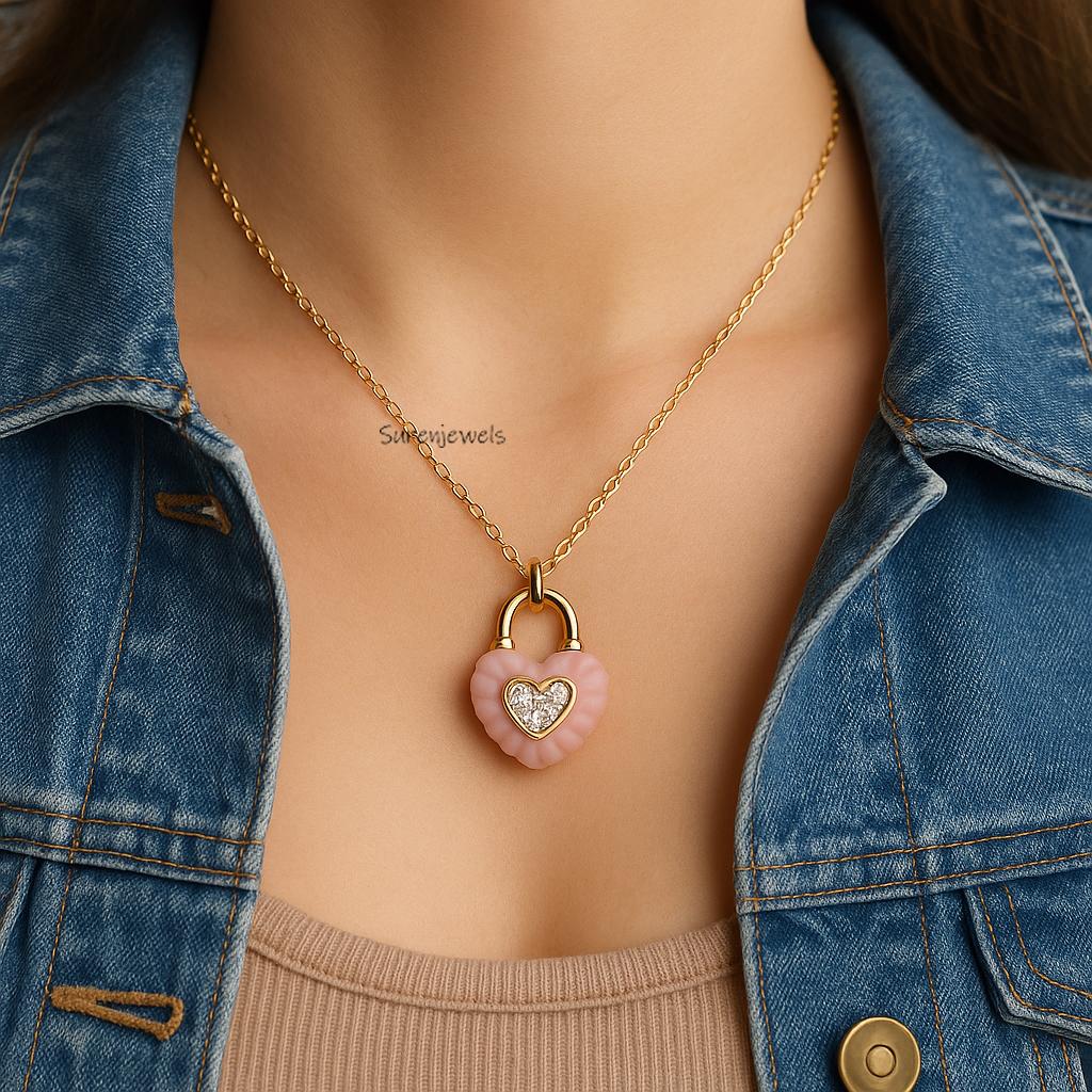 14k Gold Heart Padlock Pendant, Carved Gemstone Charm - View 4 - Suren Jewels | SKU: SJP4785-SLYGLBCZ-25M