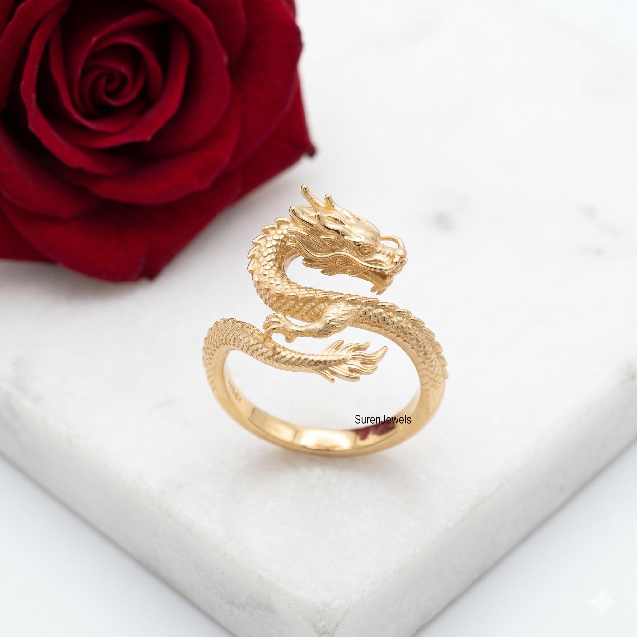14k Gold Chinese Dragon Ring, Gold Chinese Dragon Ring, Chinese Dragon Jewelry, Dainty Solid Gold Dragon Ring, Gold Dragon Ri