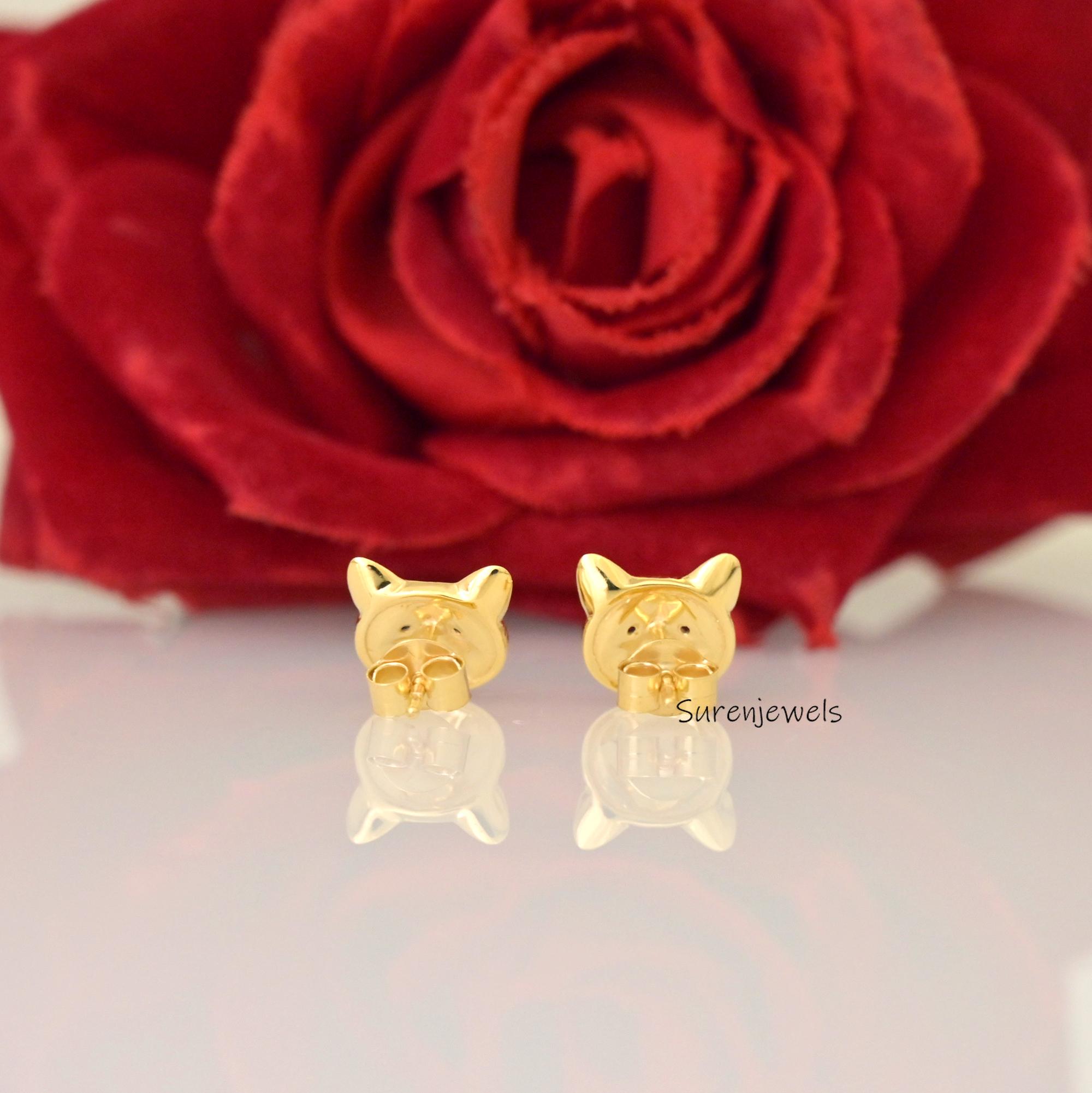 14k Gold Tiny Cat Stud Earrings, CZ Eyes - View 3 - Suren Jewels | SKU: SJE1863-SLYGBSP-10M