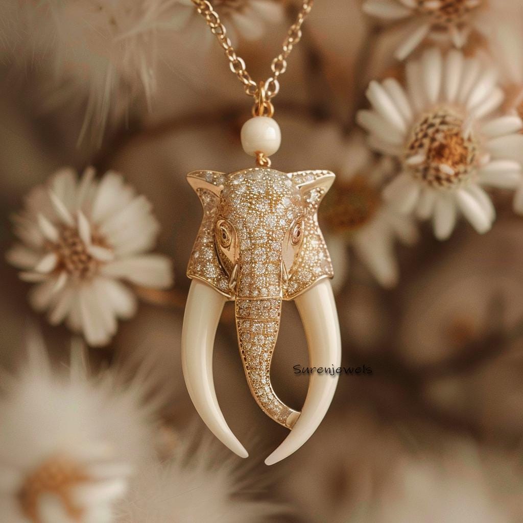 14k Gold Carved Elephant Pendant: Coral & Druzy Gemstone, Moissanite Accent - View 5 - Suren Jewels | SKU: SJP4737-SLYGWCRCZ-