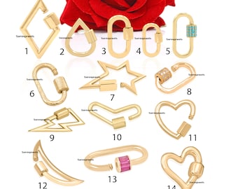 May include: A set of 14 gold-toned metal clasps in various shapes, including a diamond, teardrop, oval, star, lightning bolt, heart, and crescent moon. Each clasp has a small, cylindrical piece attached to it.