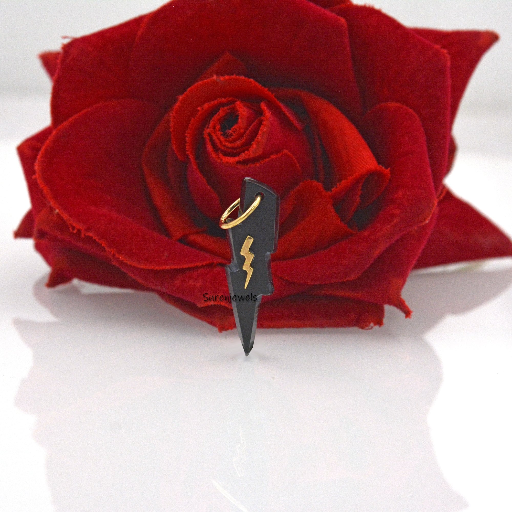 14k Gold Gemstone Lightning Bolt Pendant: Carved Coral or Turquoise - View 2 - Suren Jewels | SKU: SJP1617