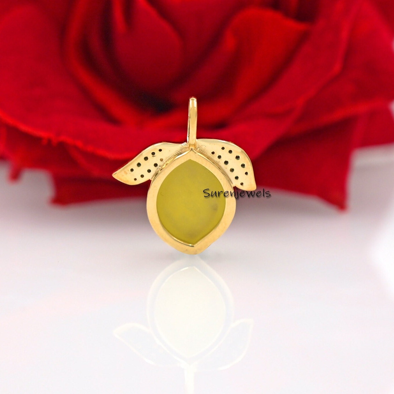 Handmade 14K Gold Yellow Quartz Lemon Pendant with Green CZ - View 2 - Suren Jewels | SKU: SJP1684-SLYGRHYOGCZ