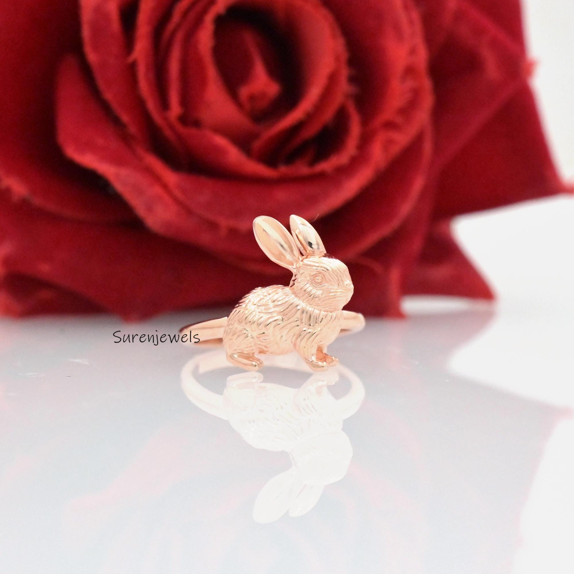 14K Solid Gold Rabbit Ring: Handmade Lucky Bunny Jewelry - View 7 - Suren Jewels | SKU: SJR2881-SLYGBKCZ-US-7,SJR2882-SLRH-US