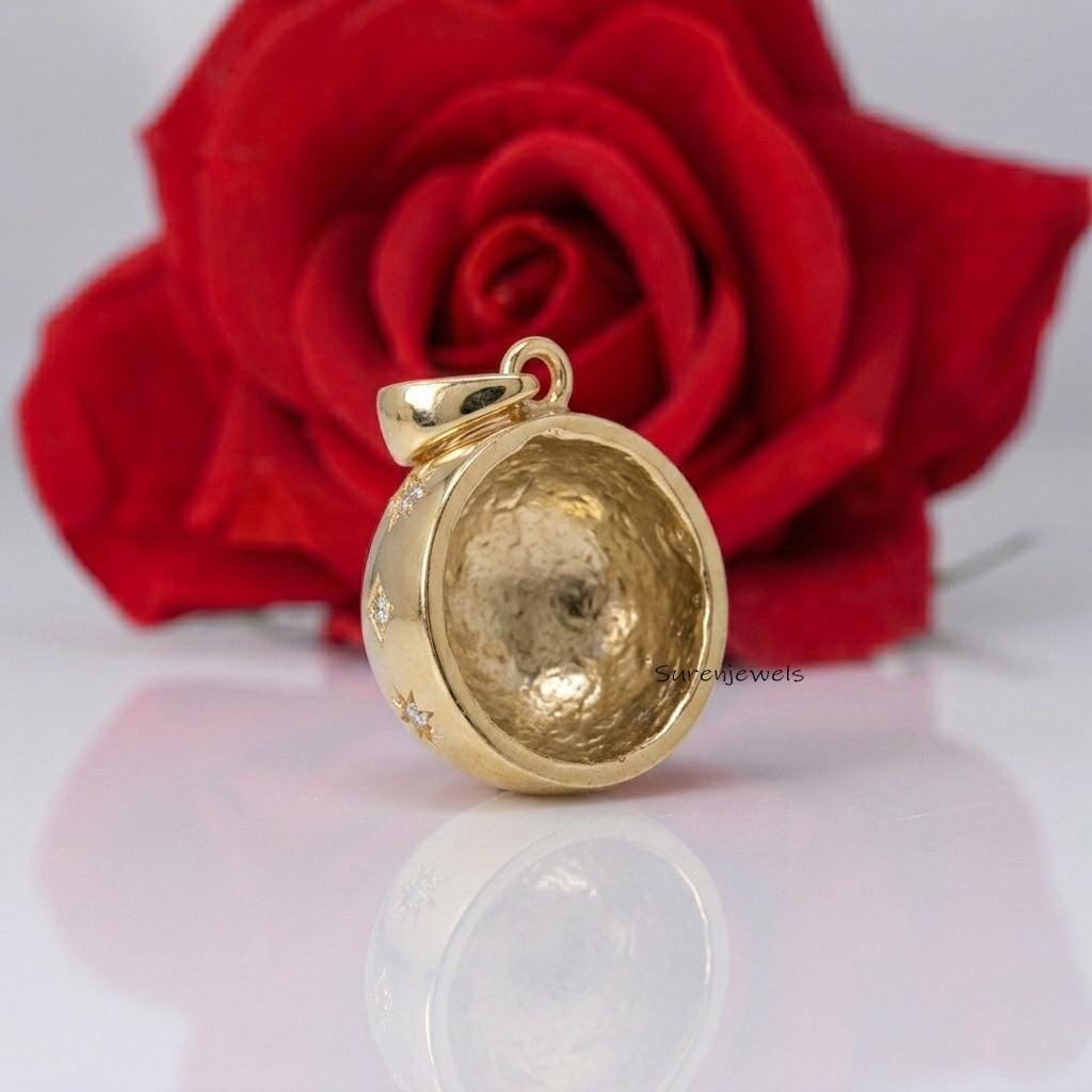 14k Gold Moon Star Ball Pendant, Gemstone Star Ball Pendant, Designer Round Ball Pendant, Handmade Carved Ball Pendant - View
