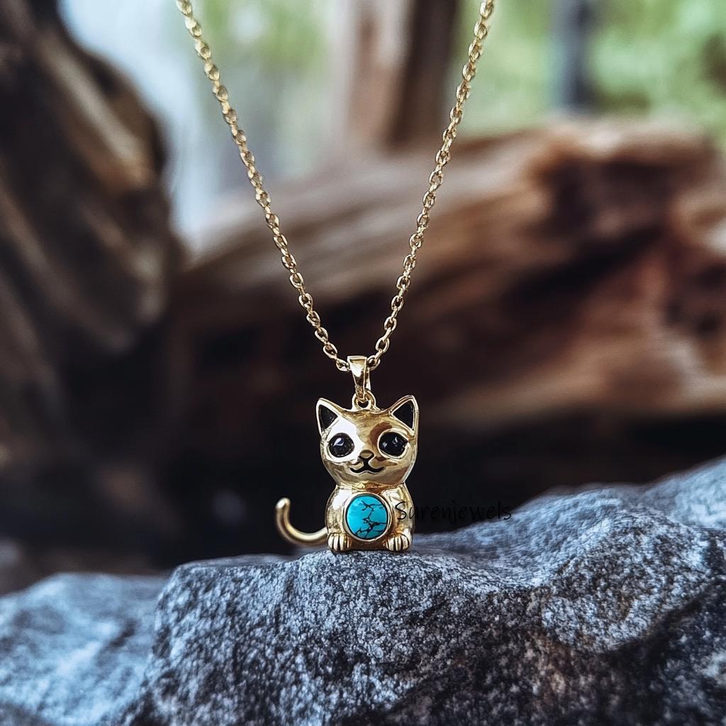 14k Gold Gemstone Cat Pendant: Designer Animal Jewelry - View 4 - Suren Jewels | SKU: SJP4941-SLYGTQCZELBK-15M,SJP4619-SLYGPO