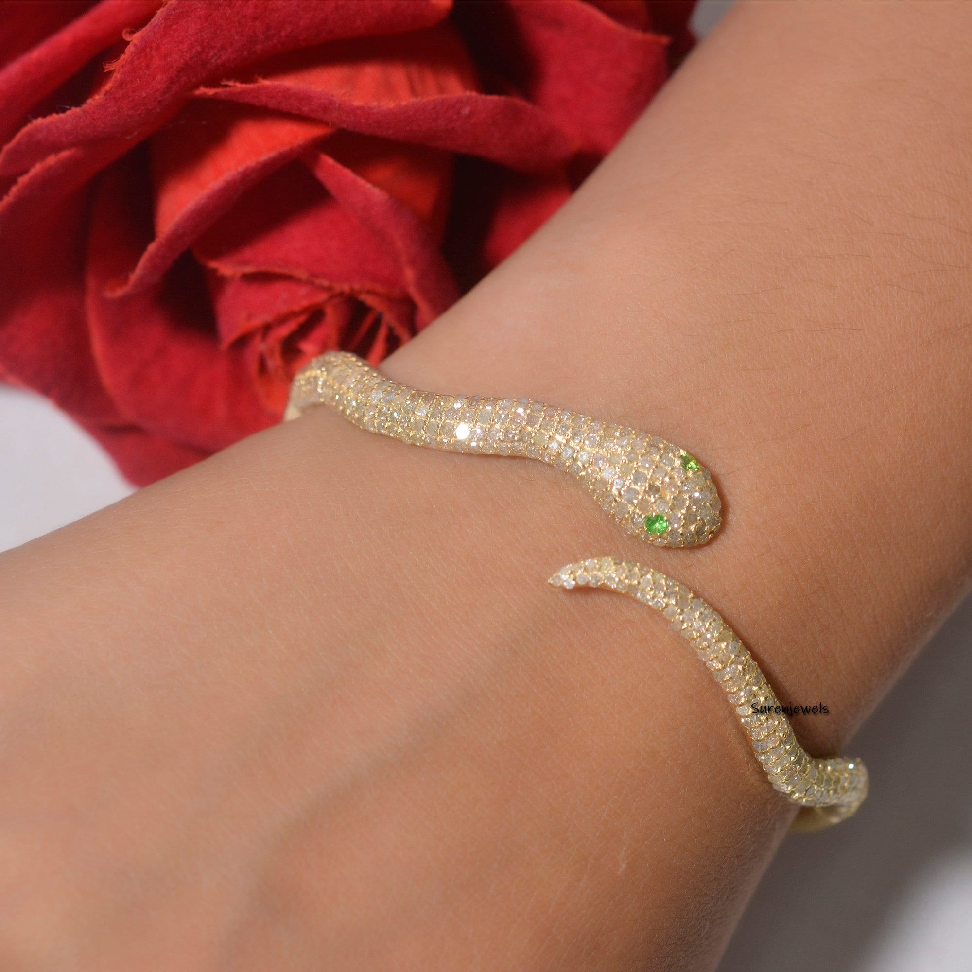 Diamond Snake Bangle, Natural Pave Diamonds, Emerald Eyes, Silver - View 2 - Suren Jewels | SKU: SJB69-SLYGDITS-8I
