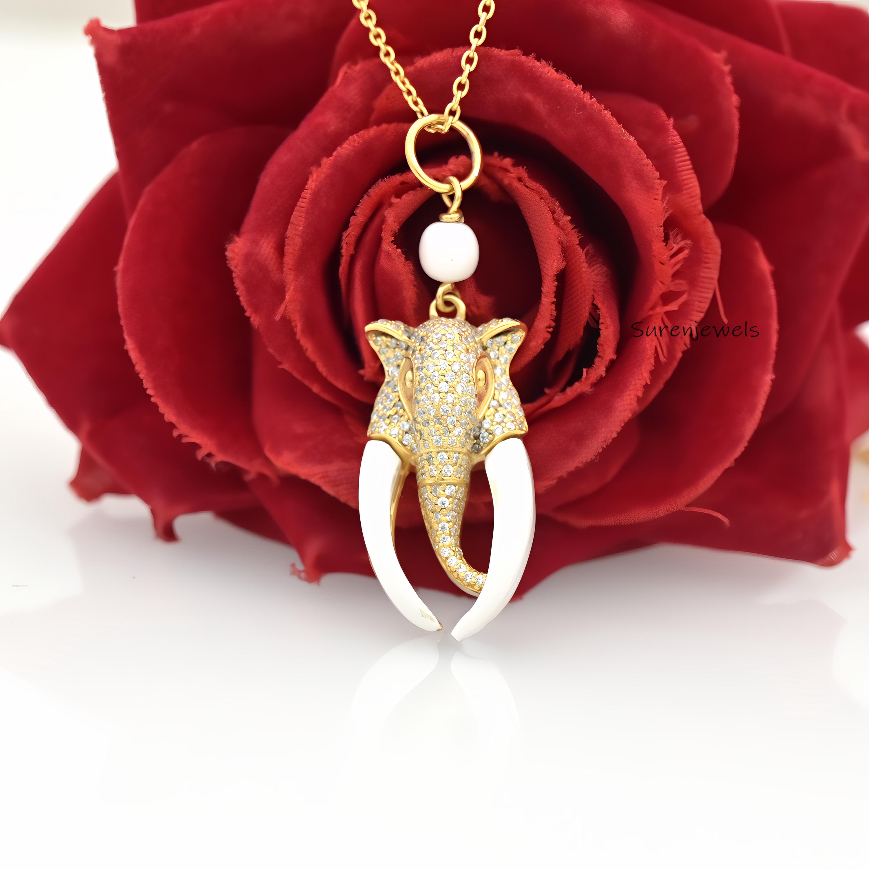 14k Gold Carved Elephant Pendant: Coral & Druzy Gemstone, Moissanite Accent - View 3 - Suren Jewels | SKU: SJP4737-SLYGWCRCZ-