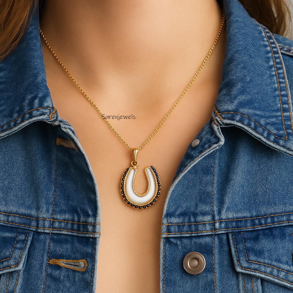 14K Gold Horseshoe Pendant, Turquoise Gemstone Charm - View 5 - Suren Jewels | SKU: SJP4918-SLYGBSBCZ-25M