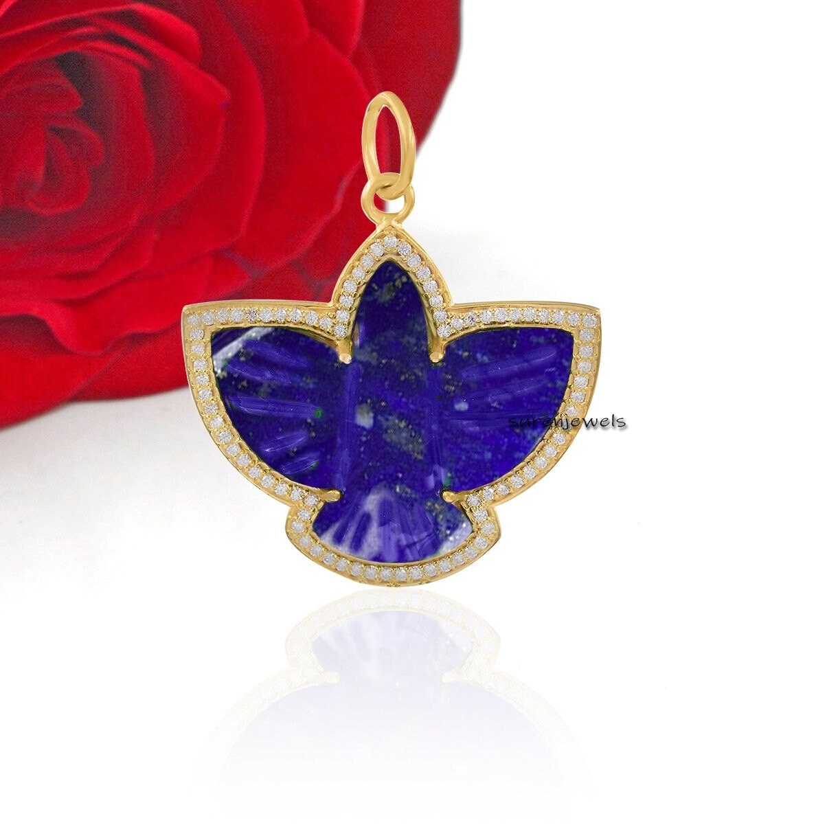 Carved Gemstone Bird Pendant: Designer Flying Swallow Charm - View 6 - Suren Jewels | SKU: SJP1314-SLYGMKMN