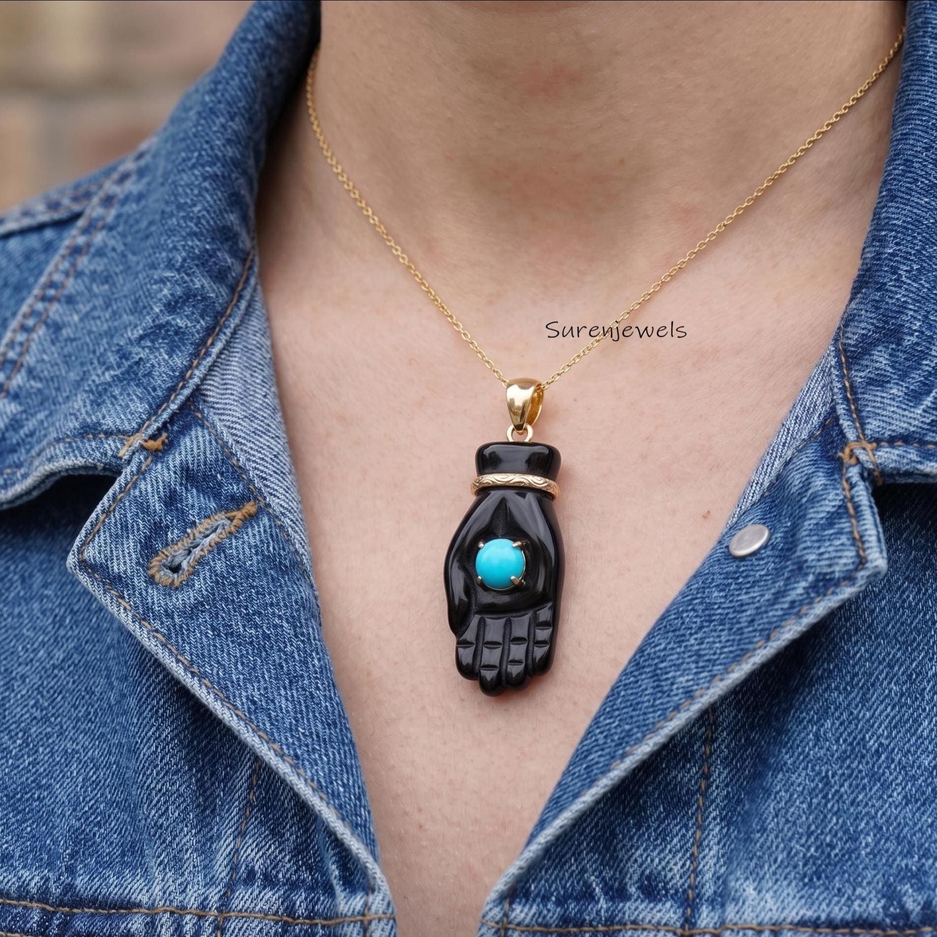 14K Gold Plated Mano Figa Pendant, Lapis Lazuli Good Luck Charm, Amulet Pendant, Boho Statement Gift for Women - View 3 - Sur