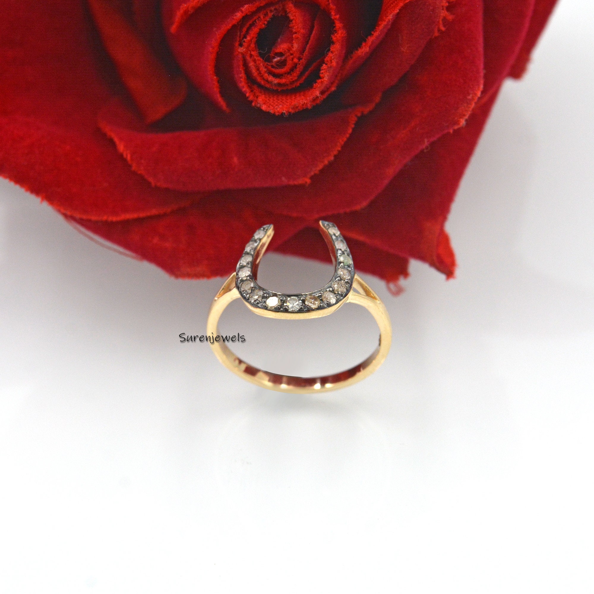 14k Gold Horseshoe Ring with Moissanite Diamond - View 2 - Suren Jewels | SKU: SJR1084-9KYGRHDI-US-8