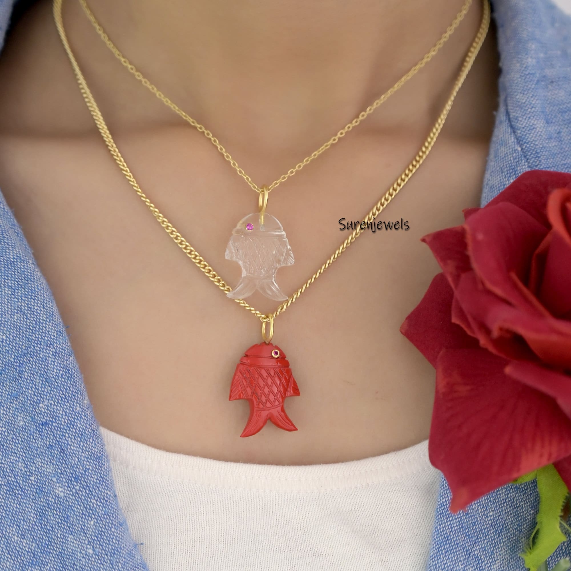14K Gold Turquoise Fish Pendant: Lucky Carved Fish Charm - View 2 - Suren Jewels | SKU: SJP1634