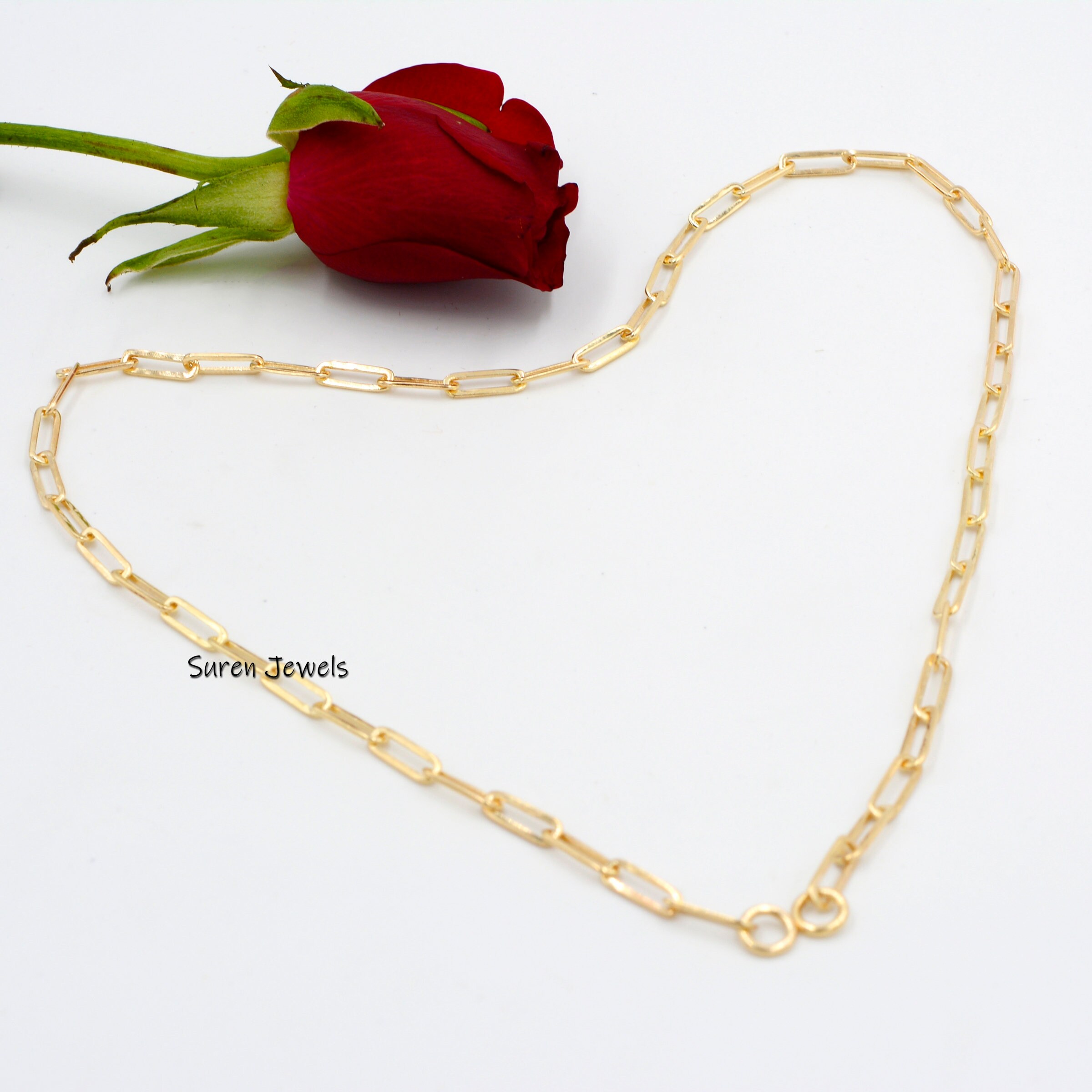 9K Gold Paper Clip Chain Necklace: Oval Link Carabiner Connector - View 6 - Suren Jewels | SKU: SJN47-9kyg/G1-14KYG-10M-18I