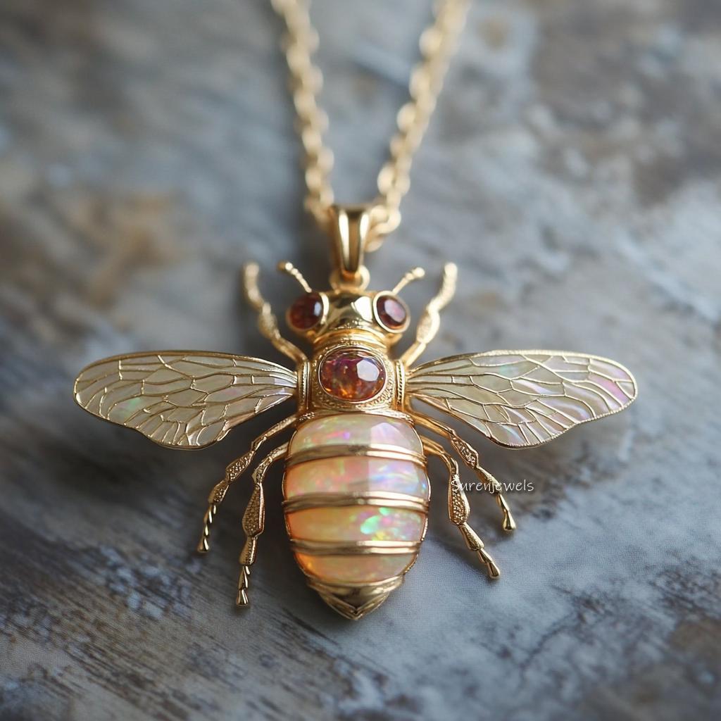 14k Gold Gemstone Bee Pendant: Dainty Opal Honey Bee Charm - View 3 - Suren Jewels | SKU: SJP4476-SLYGMK-30M,SJP4442-SLRGEOOP