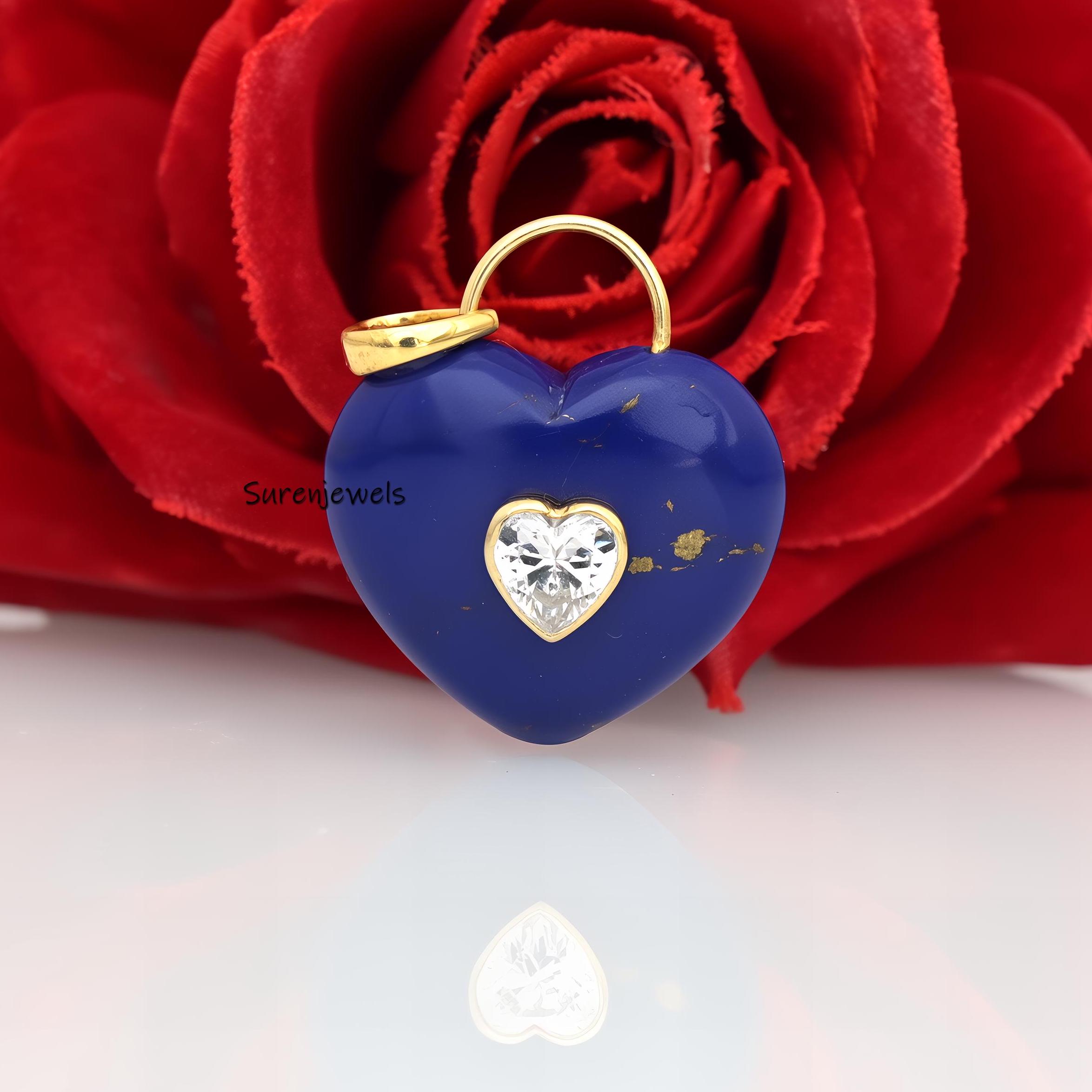14K Gold Gemstone Heart Pendant padlock: Silver Designer Heart (35 MM) - Suren Jewels | SKU: SJP4163-SLYGWAPCZ-35M