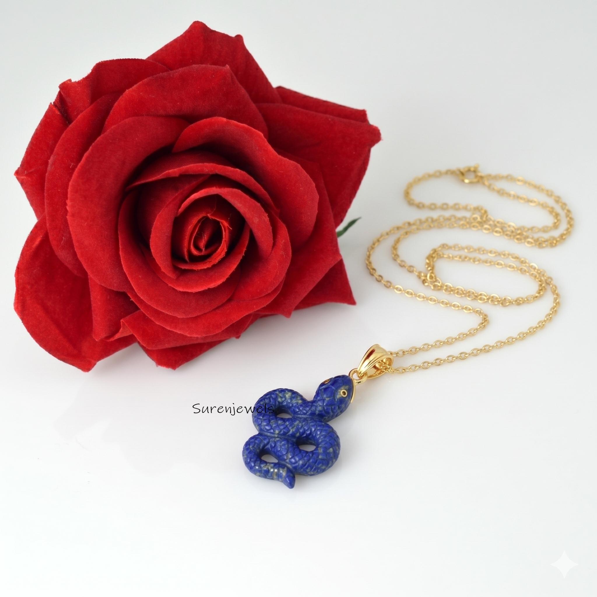 14K Gold Plated Lapis Lazuli Snake Pendant, Hand Carved Serpent Pendant, Gemstone Animal Jewelry, Spiritual Protection Gift -