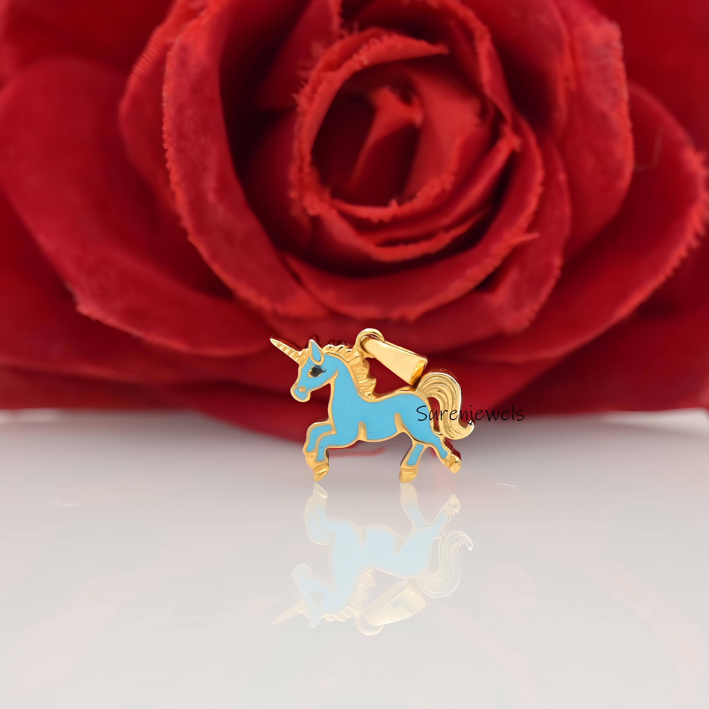 14k Gold Enamel Unicorn Pendant: Pegasus Winged Horse Charm - Suren Jewels | SKU: SJP4775-SLYGELWELBK-20M,SJP4720-SLYGTQELBK-