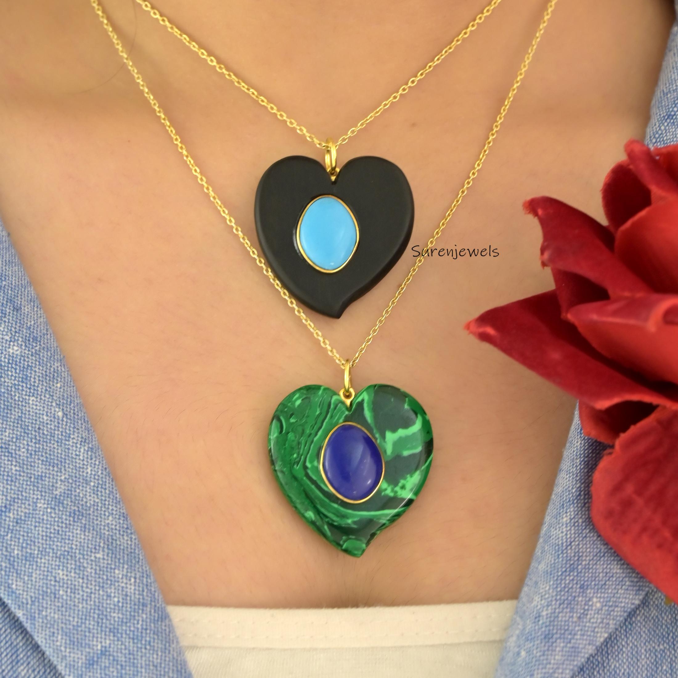 14K Gold Gemstone Heart Pendant, Double Gemstone Heart Charm, Designer Heart Pendant, Handmade Malachite Heart Charm, Carved