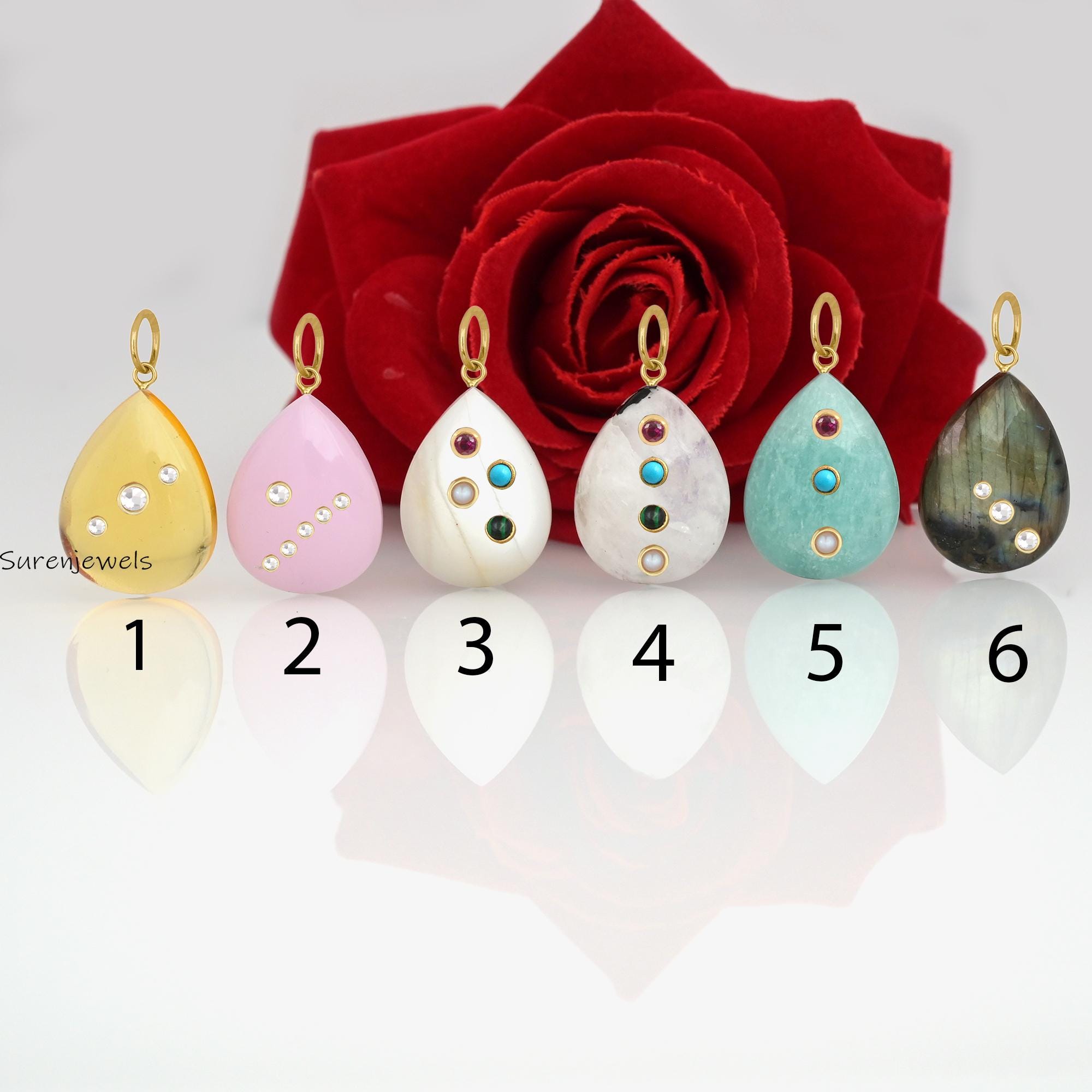 14k Gold Malachite Teardrop Pendant: Carved Gemstone Charm - Suren Jewels | SKU: SJP,SJP3515-SLYGMSMG-25M,SJP3522-SLYGMSMG-25
