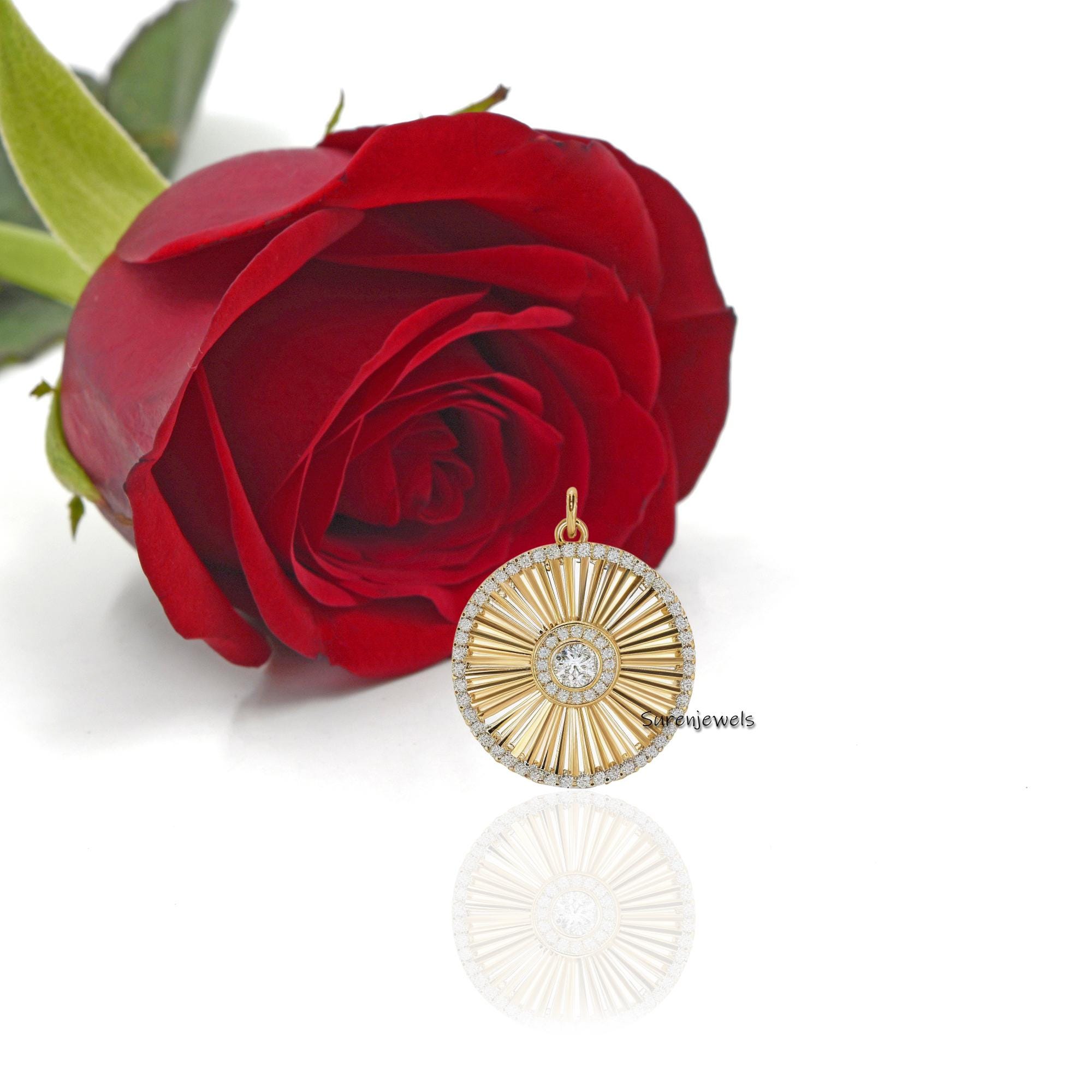 14K Gold Fluted Round Pendant: CZ Stone Charm Jewelry - View 2 - Suren Jewels | SKU: SJP3484-SLYGCZ-25M