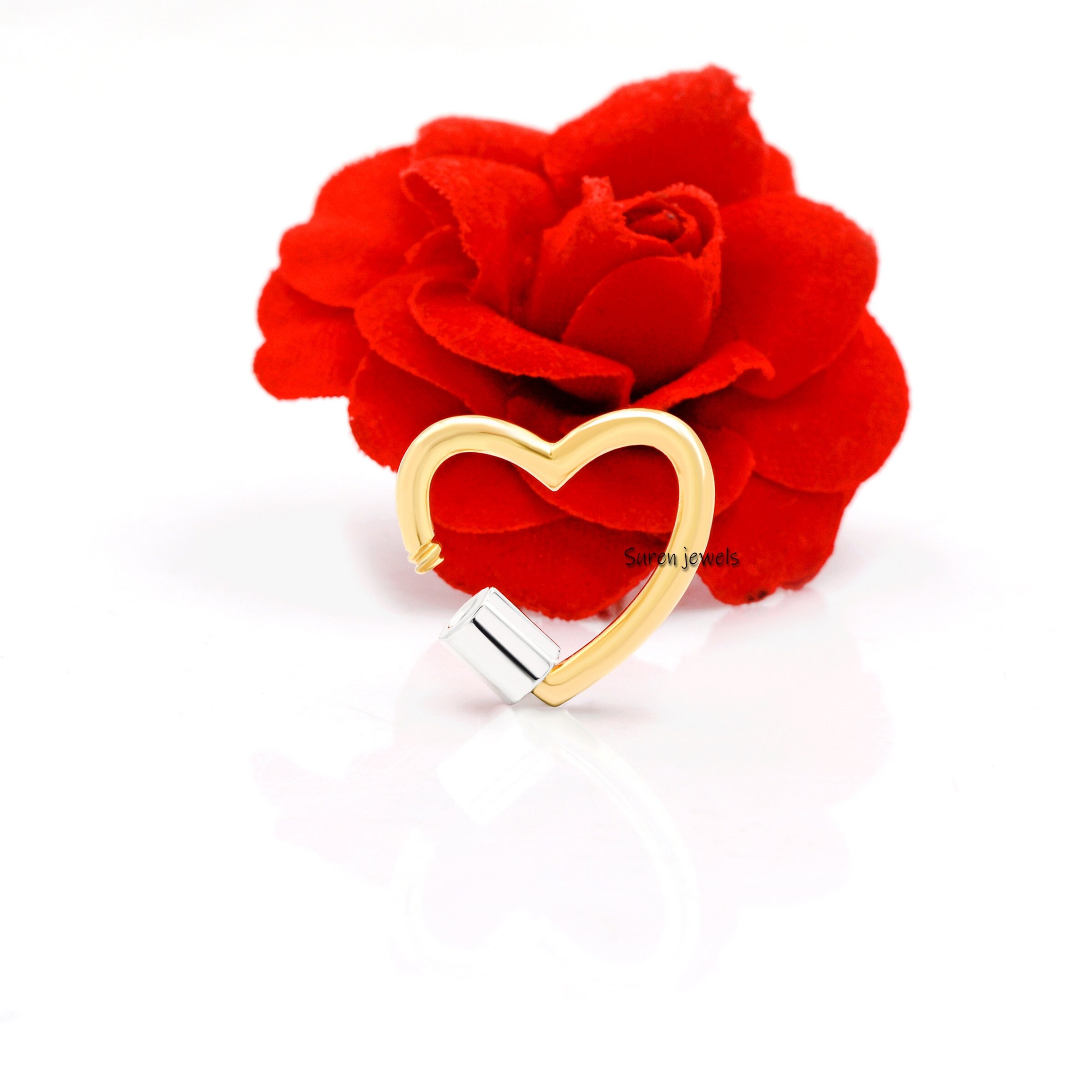 925 Silver Heart Carabiner Lock: Yellow Gold Plated Screw Clasp (20mm) - View 2 - Suren Jewels | SKU: SJC27-SLYGNS-20M
