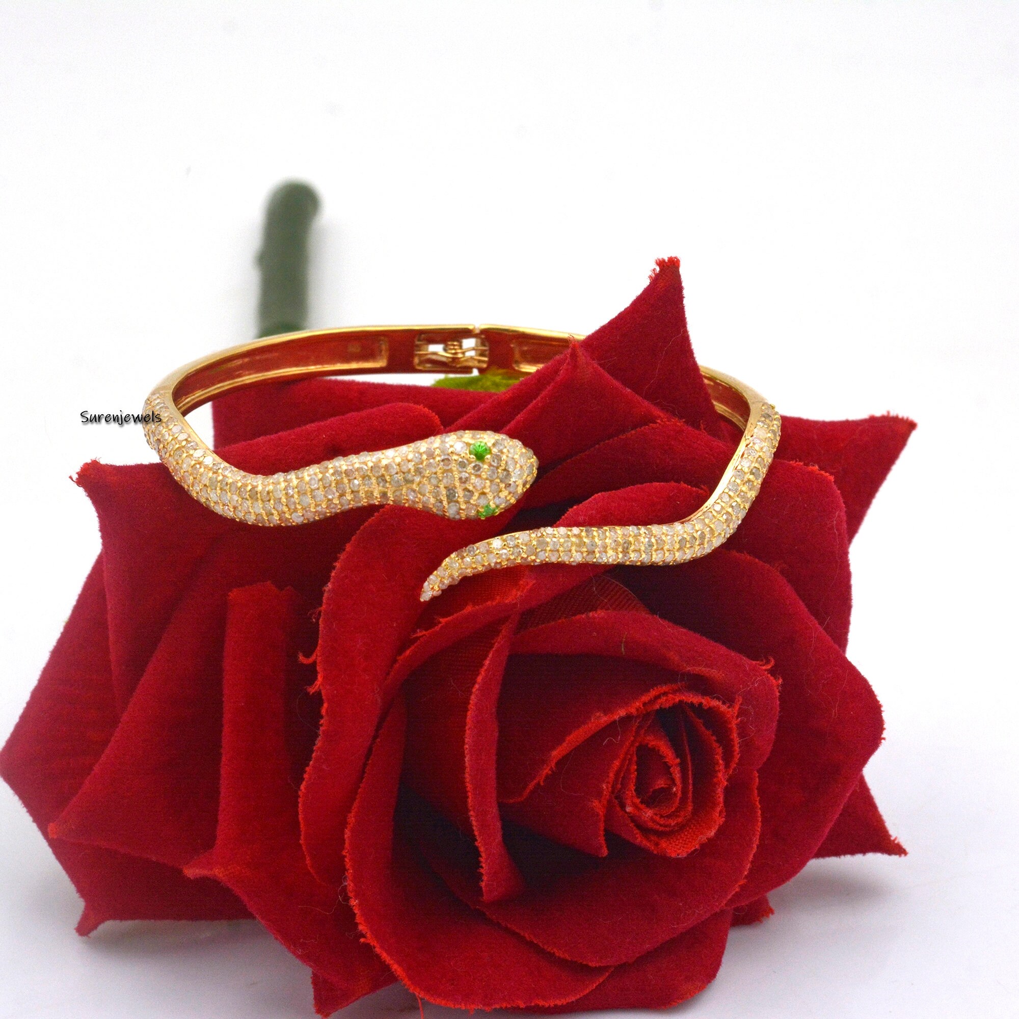 Diamond Snake Bangle, Natural Pave Diamonds, Emerald Eyes, Silver - View 4 - Suren Jewels | SKU: SJB69-SLYGDITS-8I