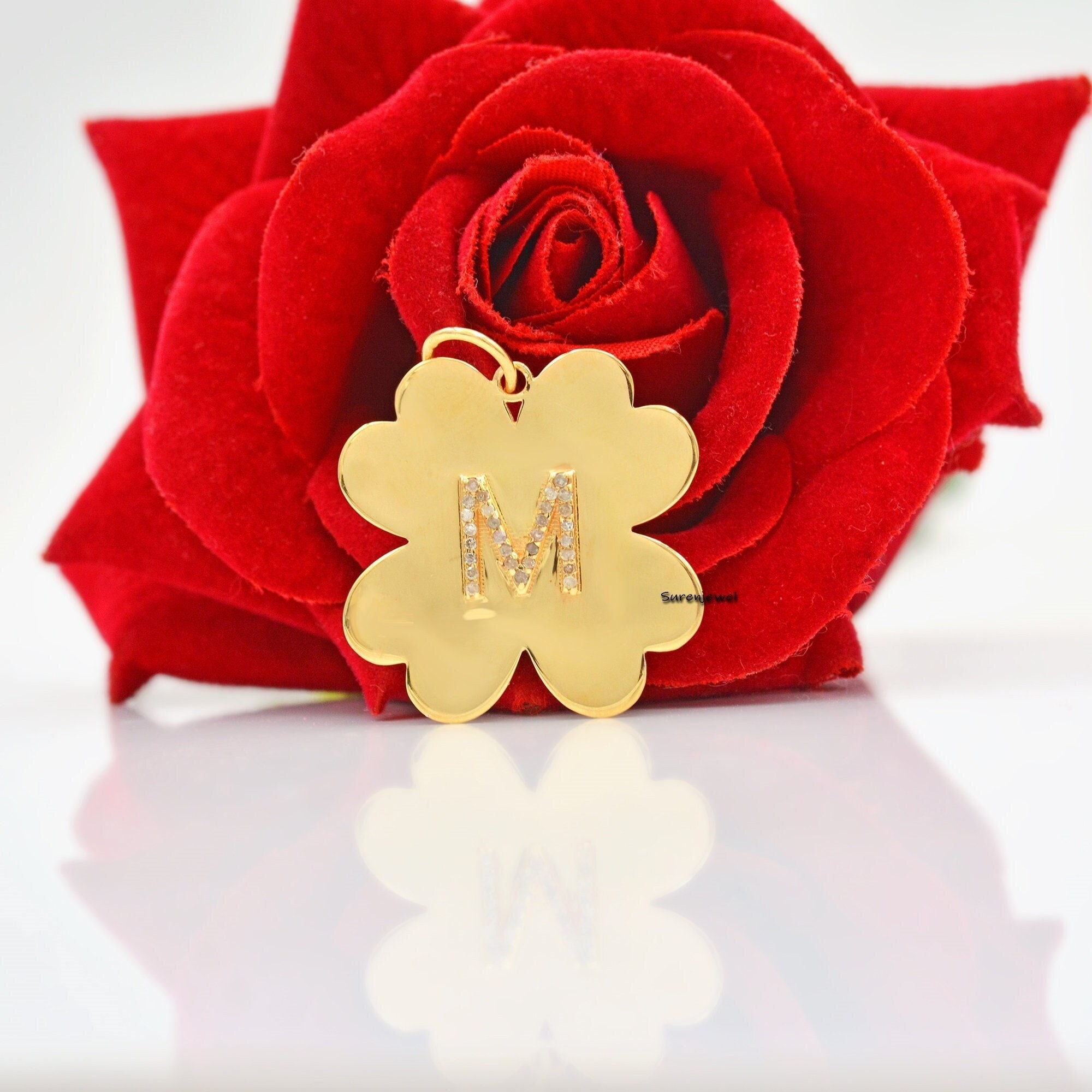 925 silver Diamond Initial Letter Clover Pendant Jewelry - Suren Jewels | SKU: SJP11-SLWGDI-J-N47-18I-925