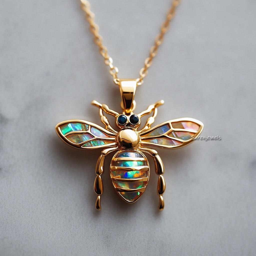 14k Gold Opal Honey Bee Pendant: Dainty Gemstone Bee Charm - View 3 - Suren Jewels | SKU: SJP4623-SLYGOPCZ-25M,SJP4496-SLNSEO
