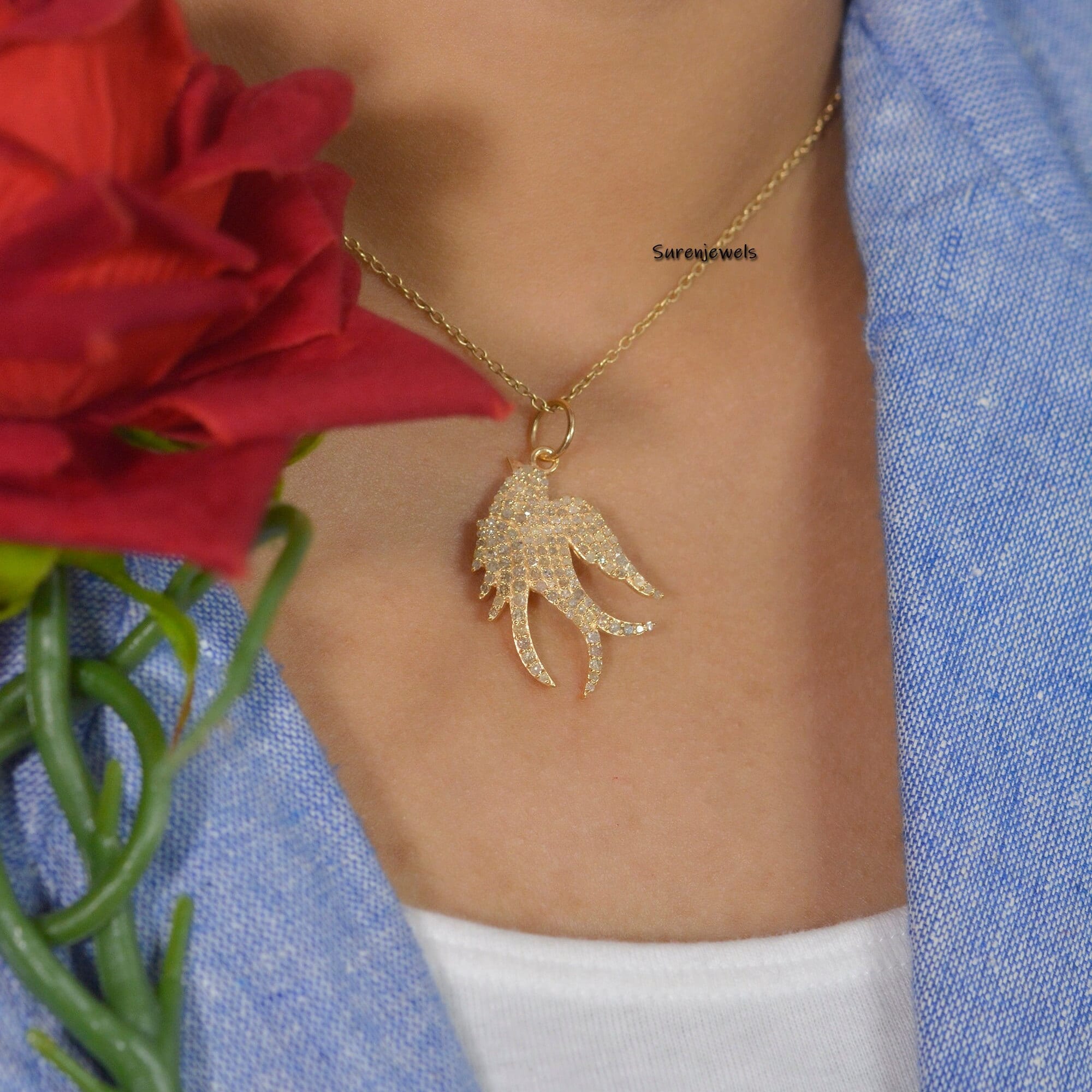 14k Gold Diamond Flying Swallow Bird Charm Pendant - Suren Jewels | SKU: SJP900-14KYGCZ