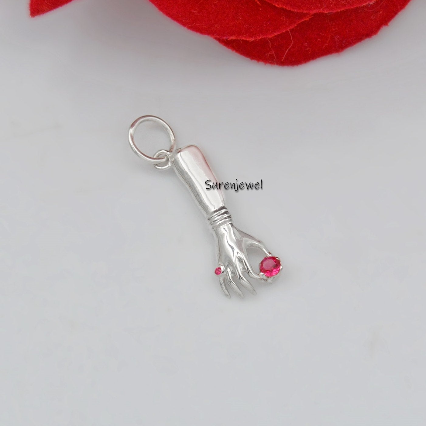 925 Silver Figa Hand Pendant: Ruby Gemstone Good Luck Charm - View 2 - Suren Jewels | SKU: SJP517-SLYGRU-N41-18I-925