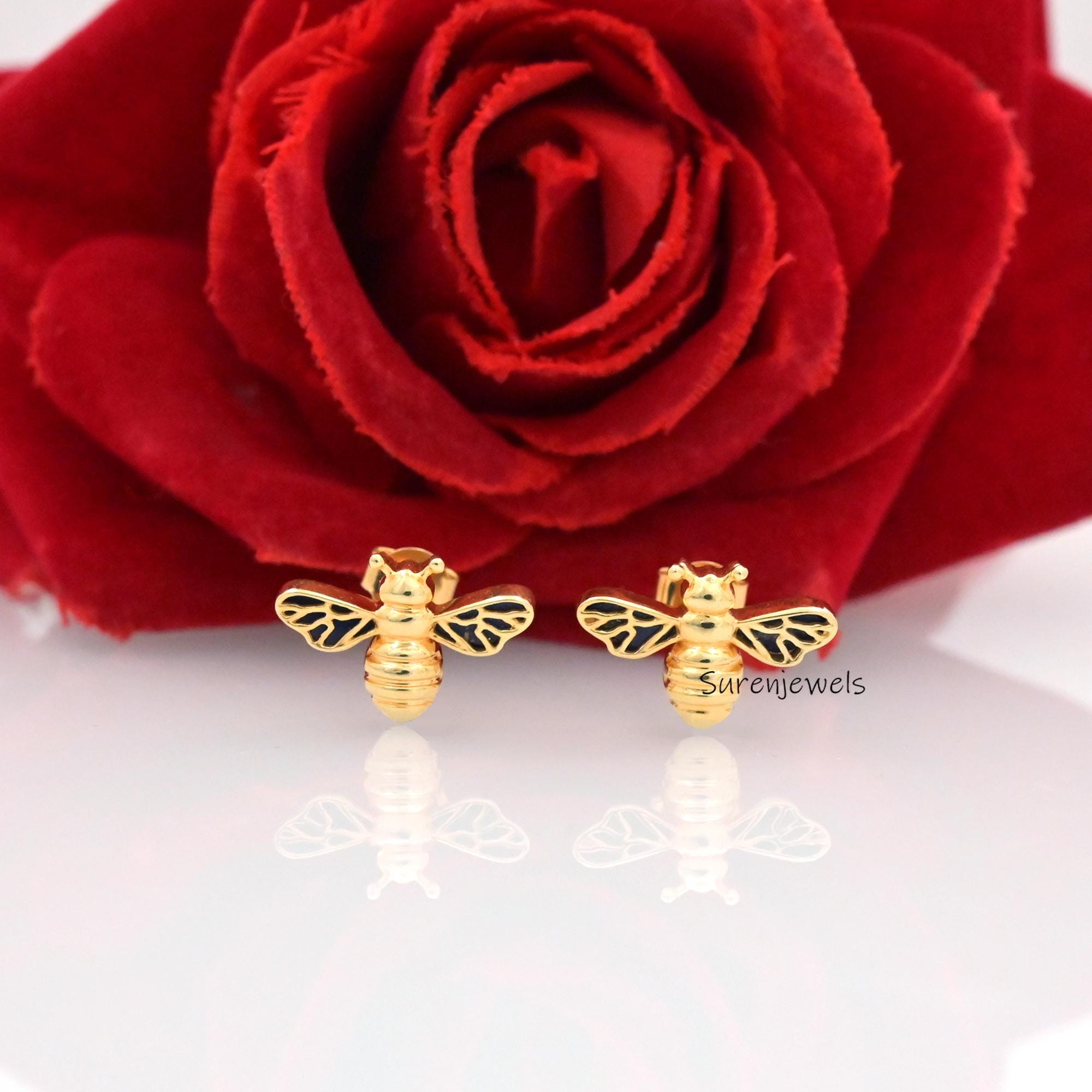 14K Gold Honey Bee Stud Earrings: Dainty Bumble Bee Jewelry - View 3 - Suren Jewels | SKU: SJE1756-SLYGEOP-12M,SJE1753-SLYGLP